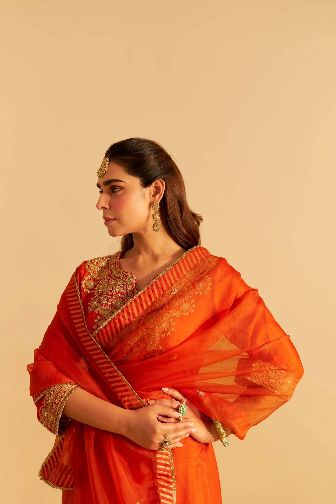 HIBA - BURNT ORANGE LONG KAFTAN WITH SALWAR AND DUPATTA (Lxrts) - Image 5
