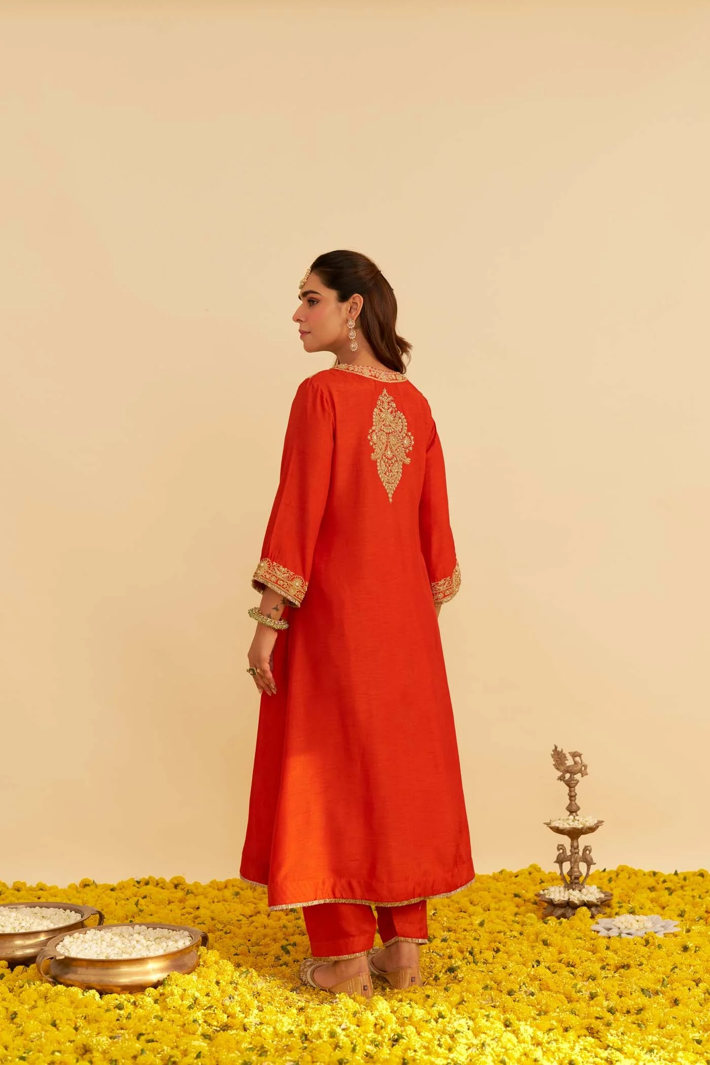 HIBA - BURNT ORANGE LONG KAFTAN WITH SALWAR AND DUPATTA (Lxrts) - Image 6