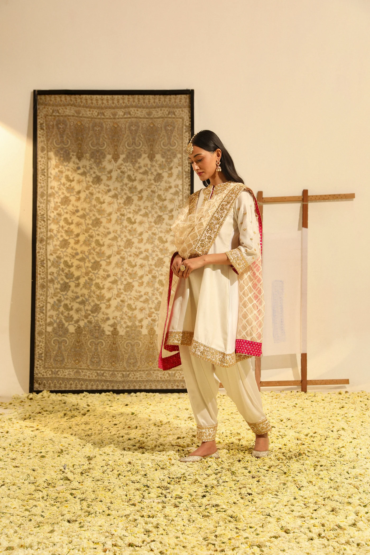 Intezaar - Daisy Ivory Hand Embroidered Short A-line kurta with Salwar and dupatta - Image 3