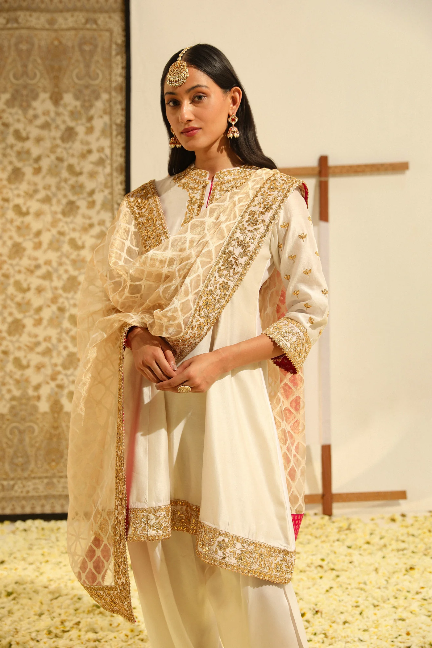 Intezaar - Daisy Ivory Hand Embroidered Short A-line kurta with Salwar and dupatta - Image 4