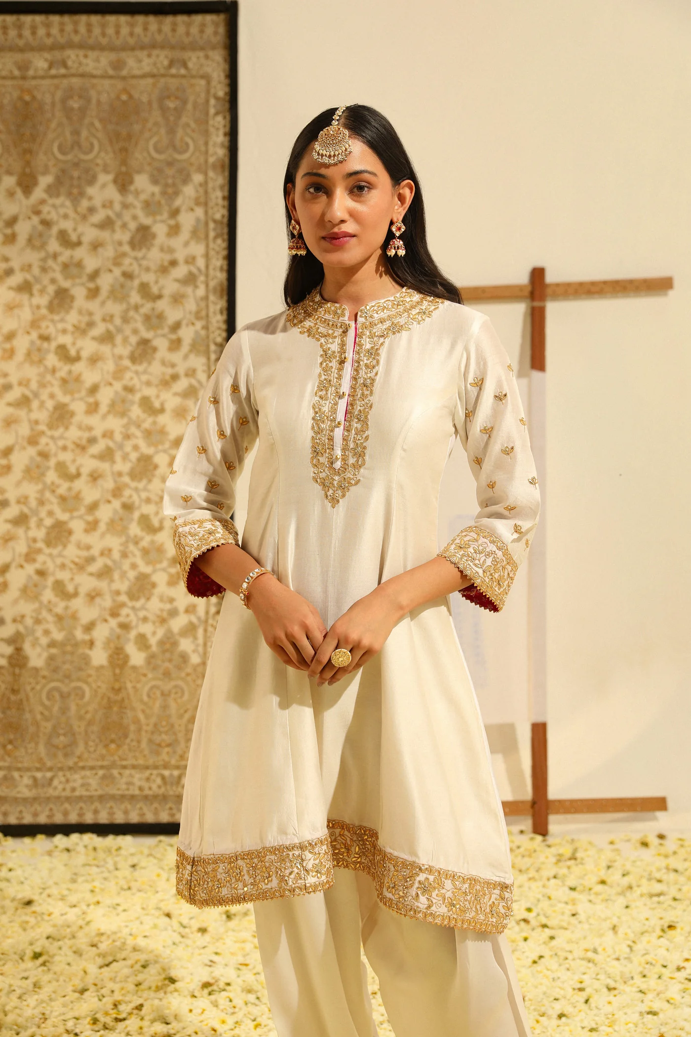 Intezaar - Daisy Ivory Hand Embroidered Short A-line kurta with Salwar and dupatta - Image 5