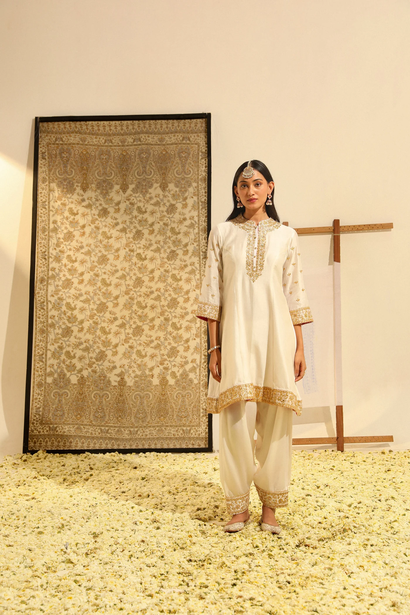 Intezaar - Daisy Ivory Hand Embroidered Short A-line kurta with Salwar and dupatta - Image 7