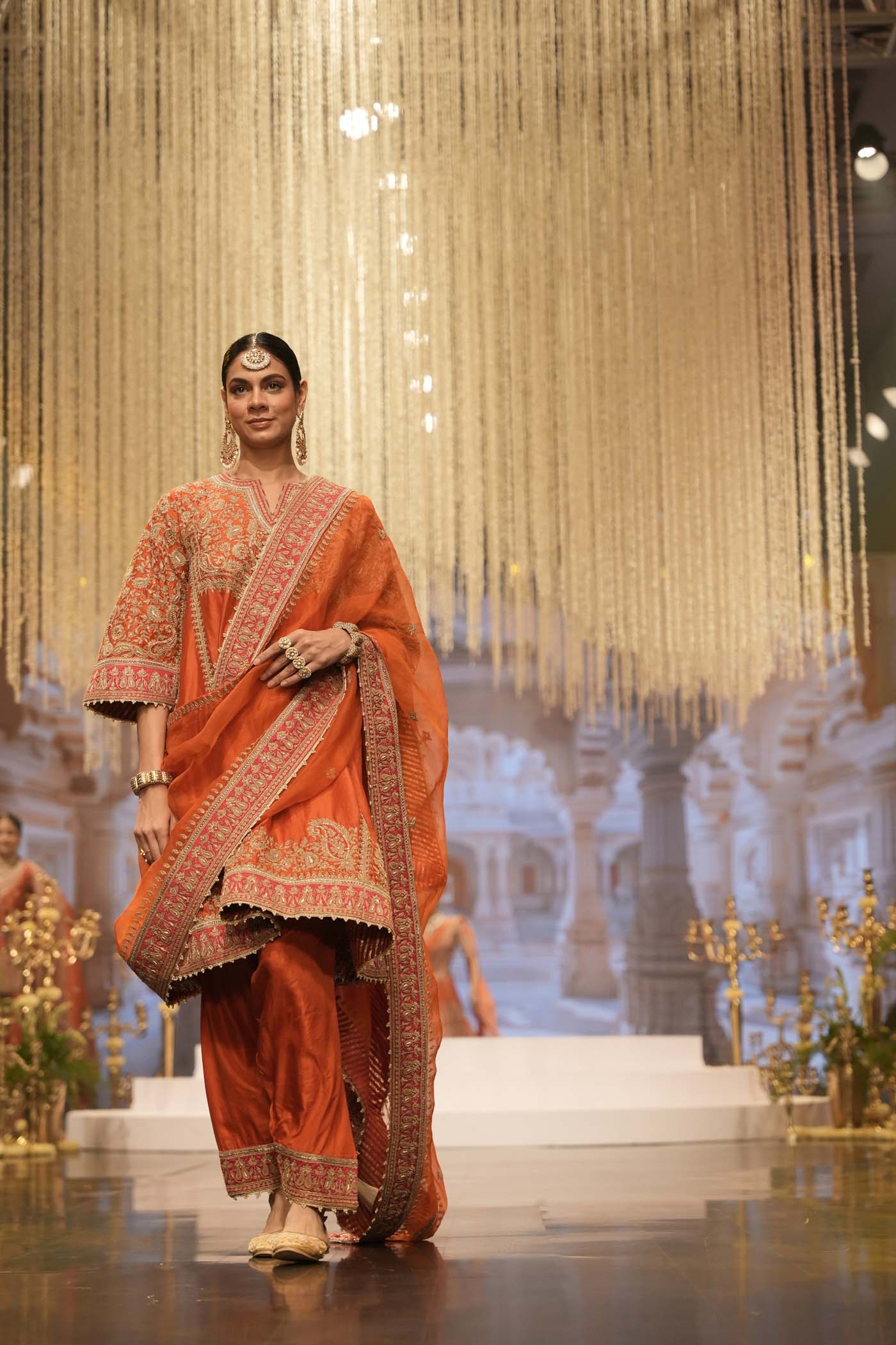 Irha - Burnt Orange Knee Length Kalidaar Chauga with Salwar - Image 3