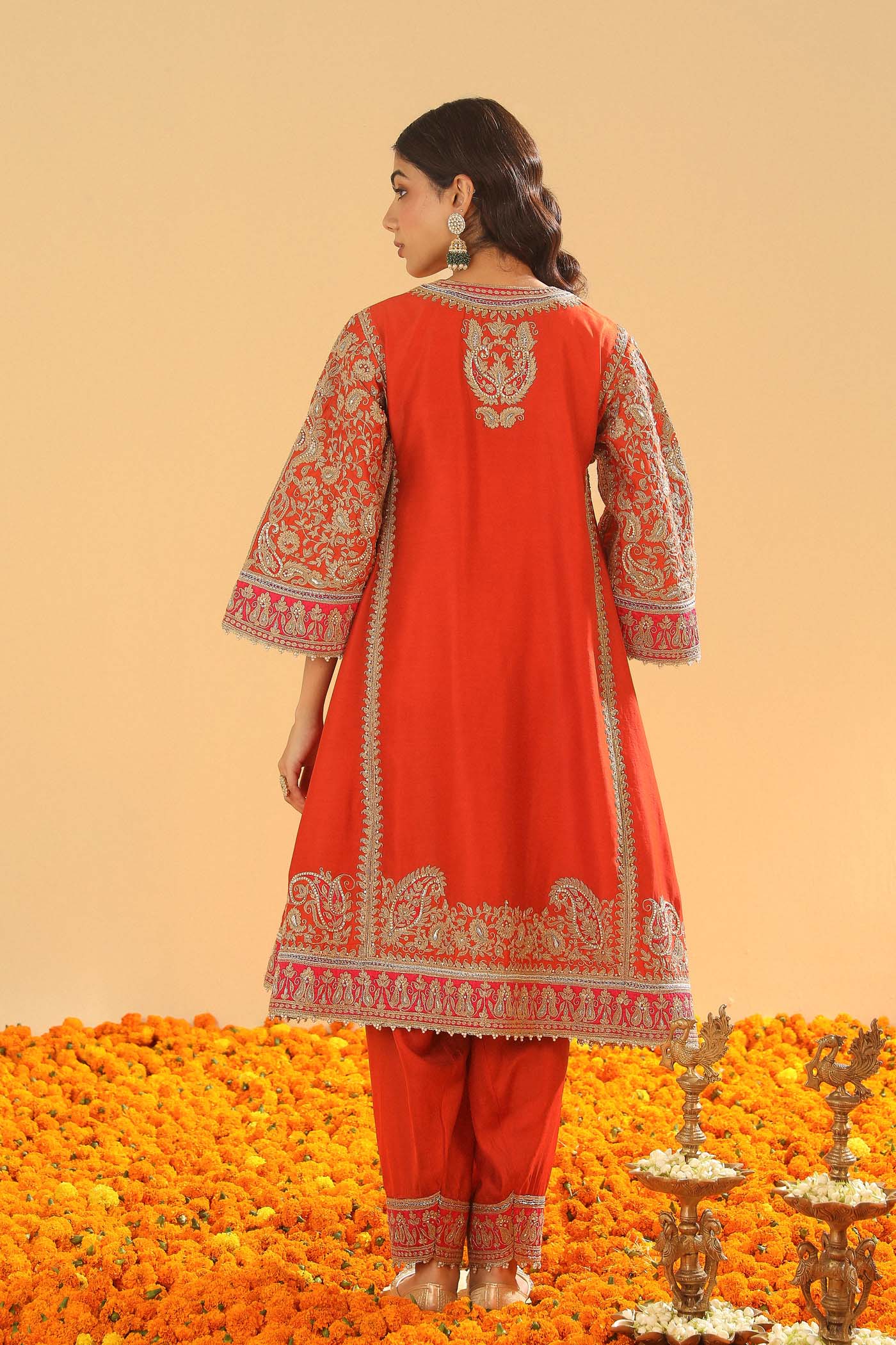 Irha - Burnt Orange Knee Length Kalidaar Chauga with Salwar - Image 4