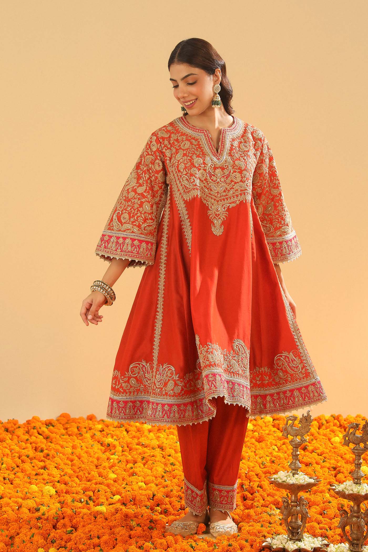 Irha - Burnt Orange Knee Length Kalidaar Chauga with Salwar - Image 6