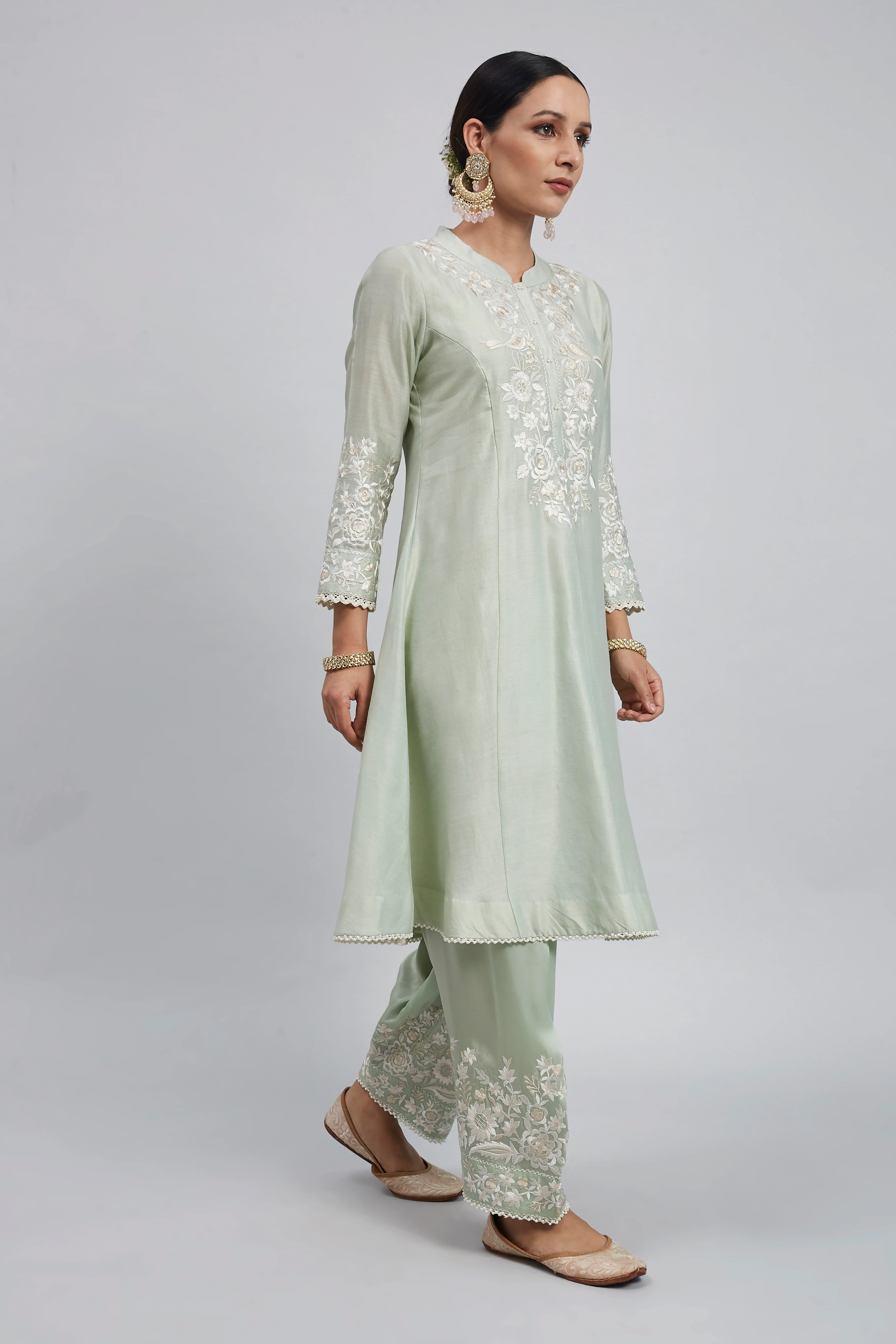 Kaina- Mint Green Pure chanderi silk Parsi-gara embroidered ensemble - Image 2