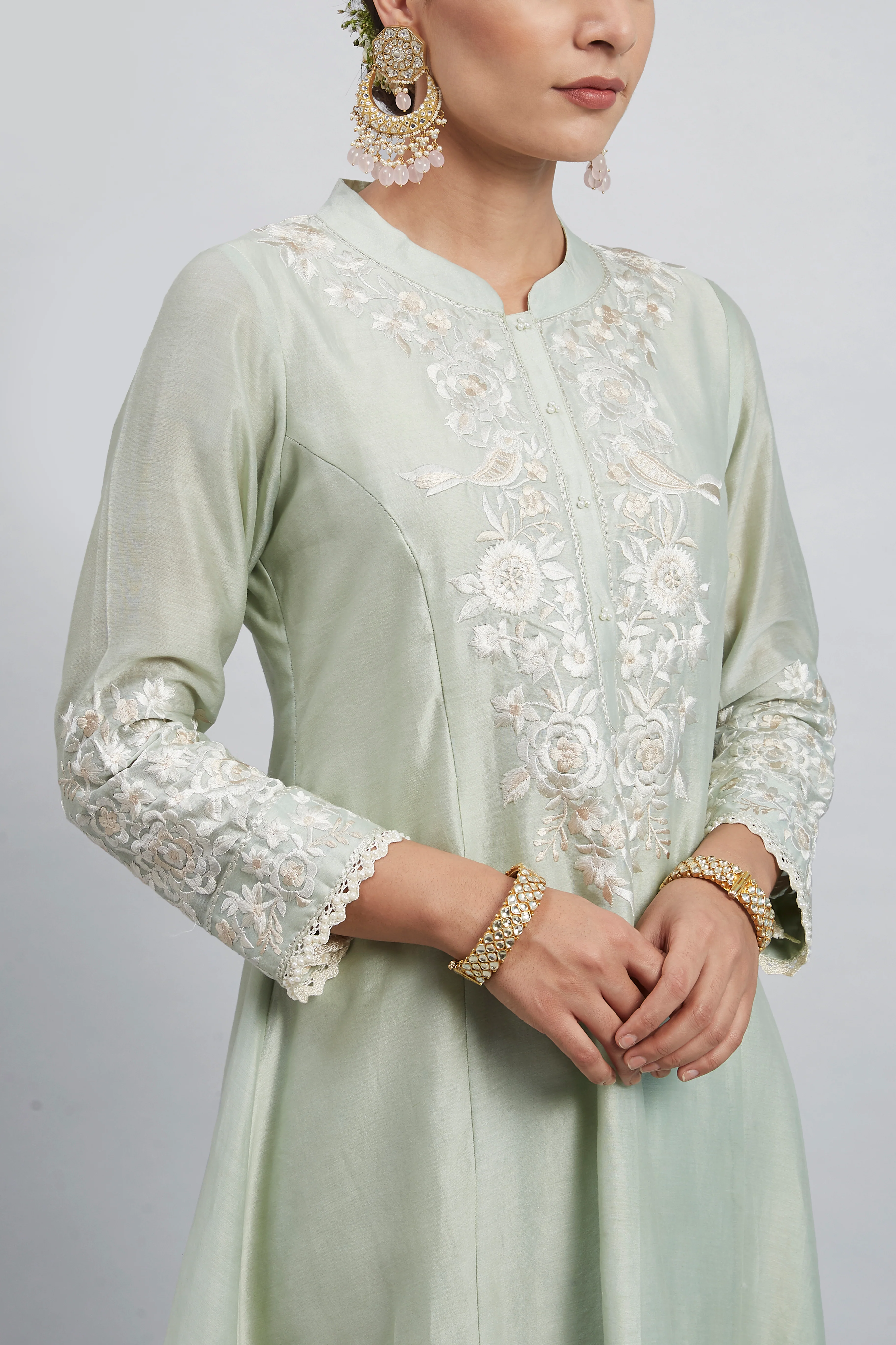 Kaina- Mint Green Pure chanderi silk Parsi-gara embroidered ensemble - Image 3