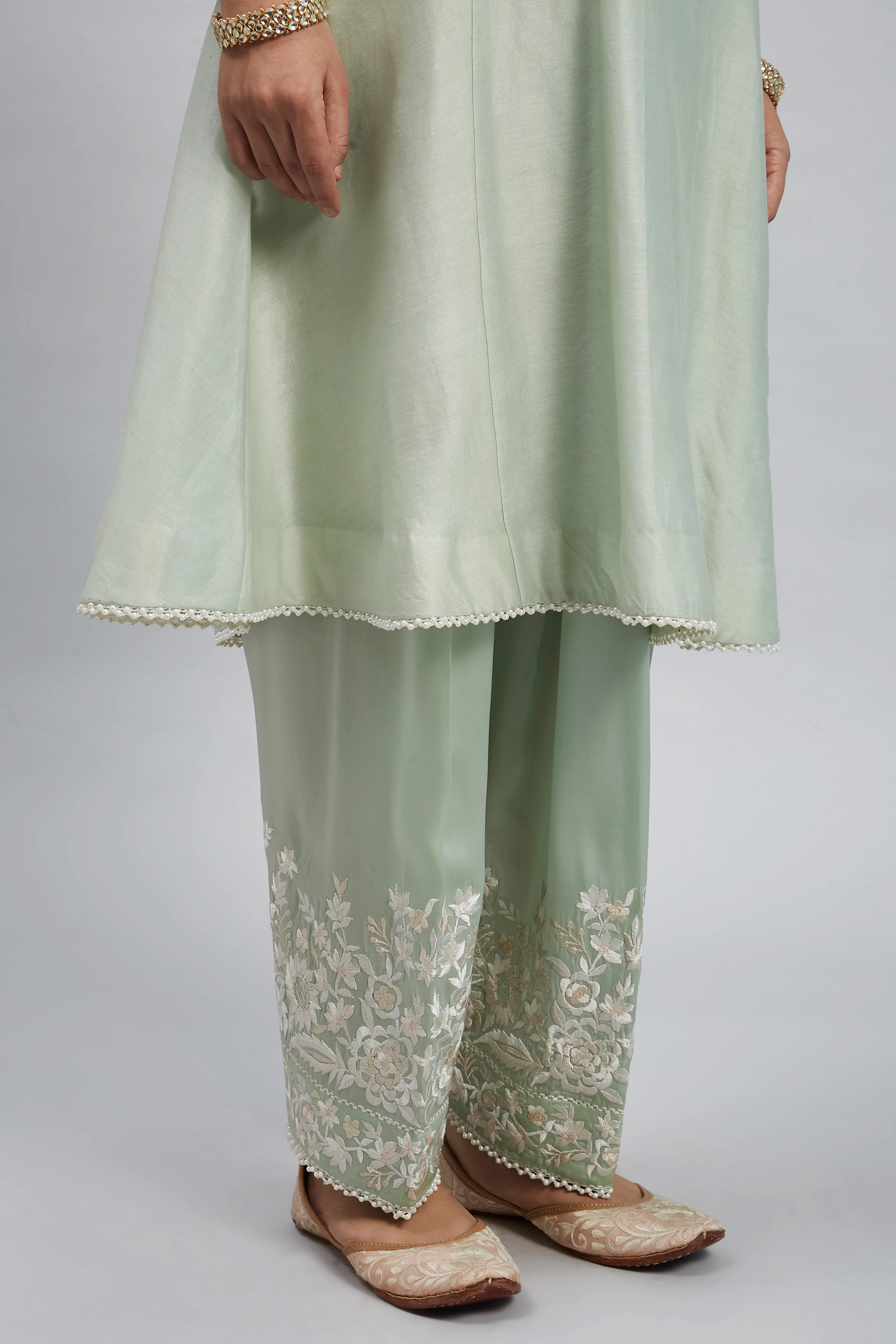 Kaina- Mint Green Pure chanderi silk Parsi-gara embroidered ensemble - Image 4