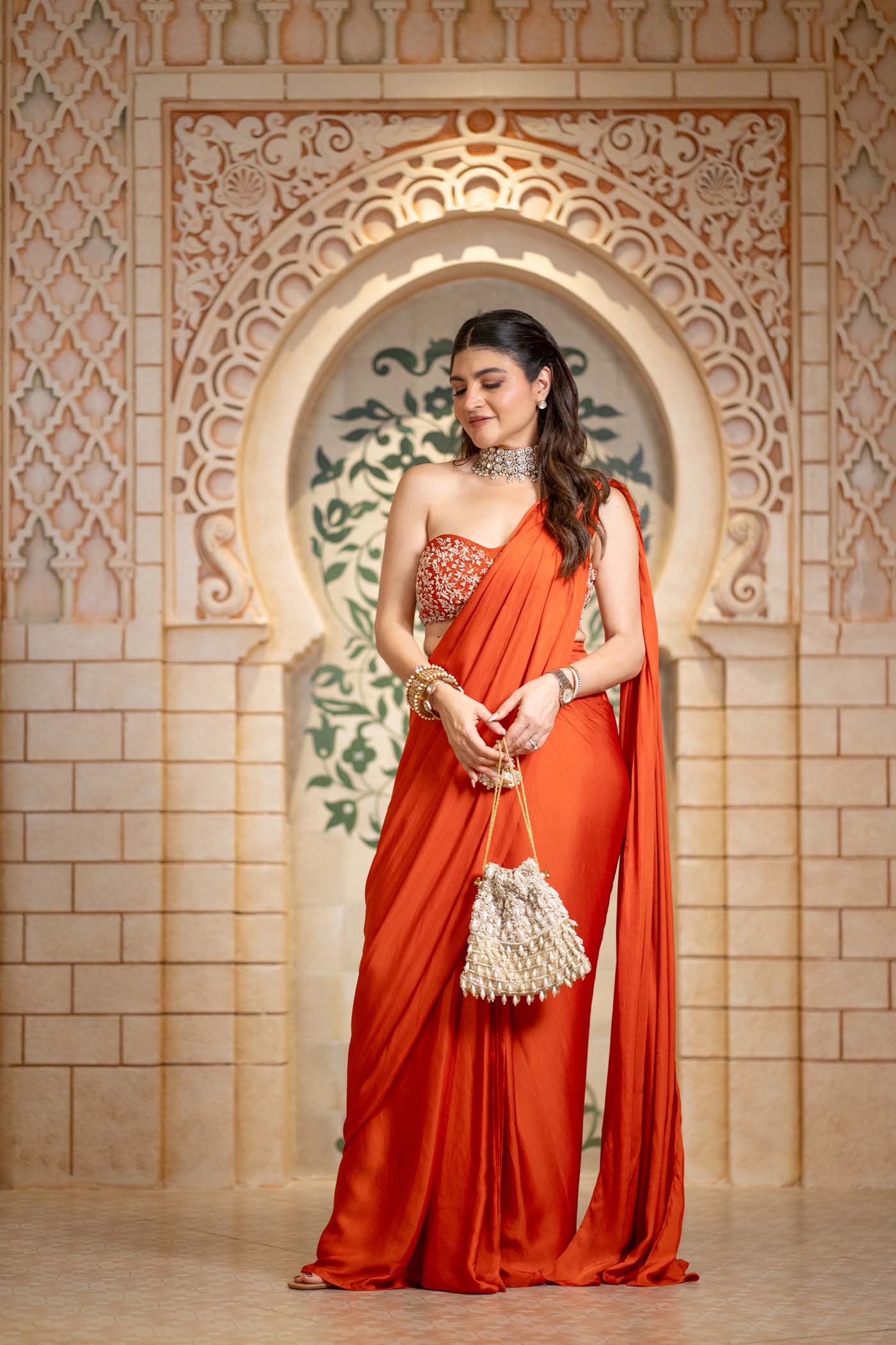 Khushnaz Turner In Rumaan - Burnt Orange Drape Saree Set - Image 3