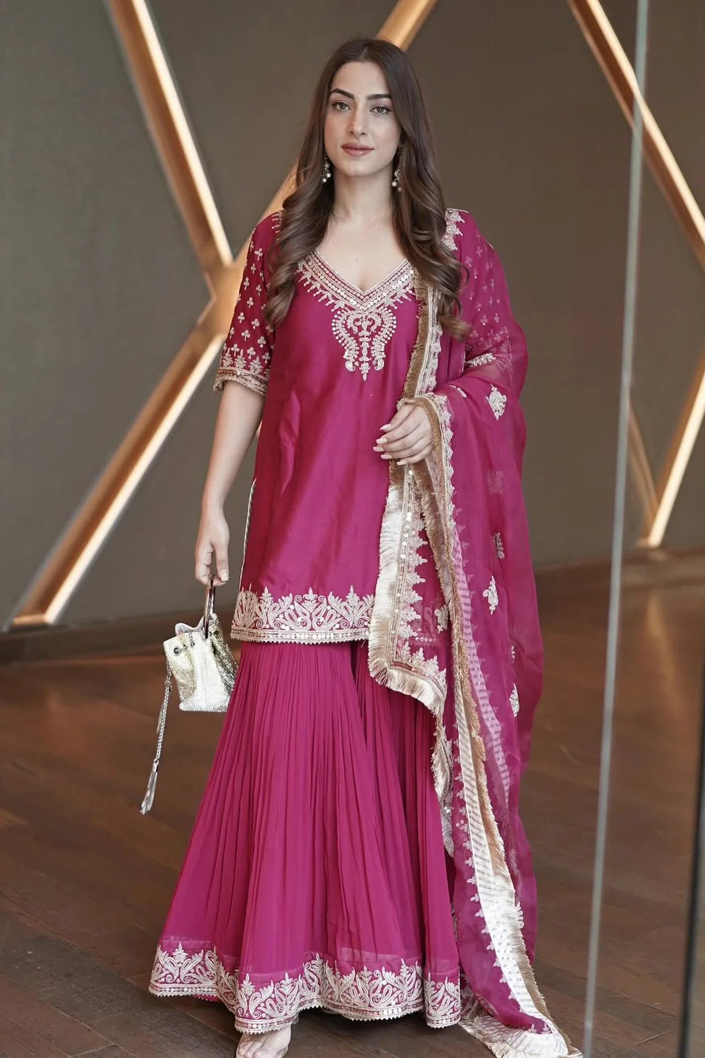 Kulvir Kaur In AAIRA - Rani Hotpink SHORT KURTA WITH GARARA AND DUPATTA - Image 2