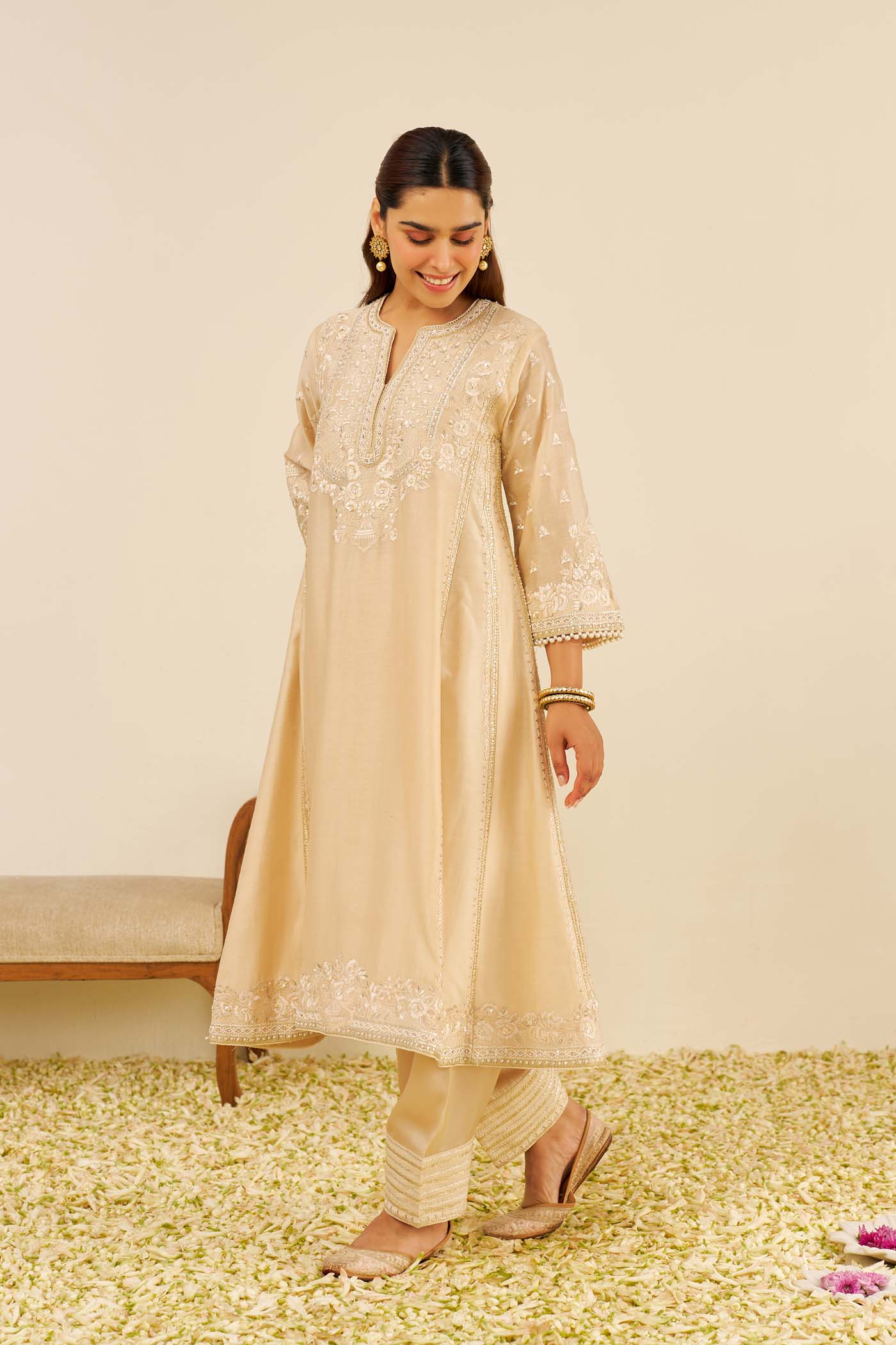 MAAROOFA - Beige LONG CHAUGA WITH SALWAR - Image 4
