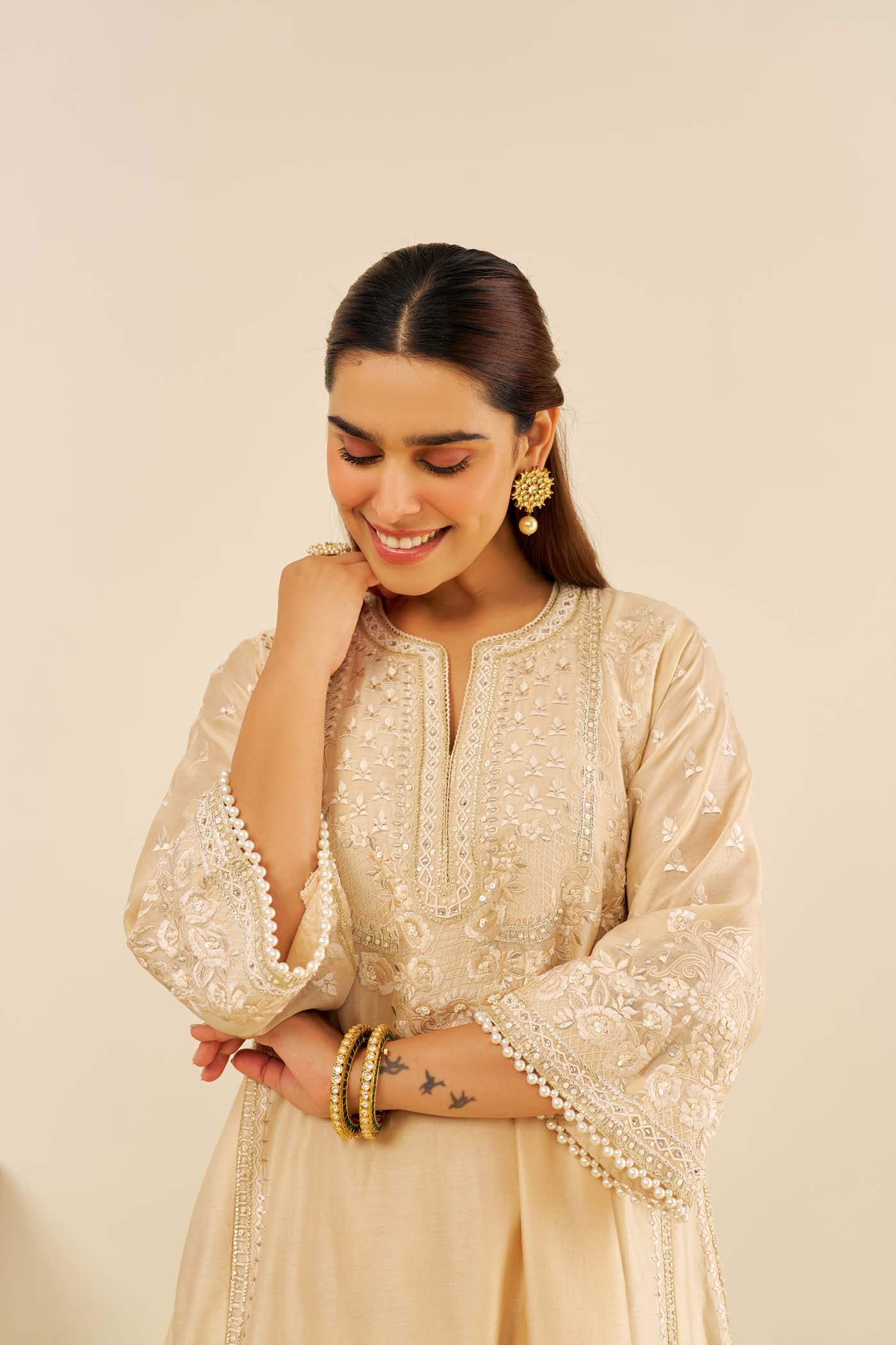 MAAROOFA - Beige LONG CHAUGA WITH SALWAR - Image 5