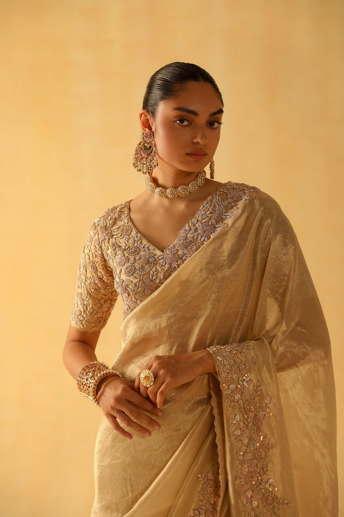 Maheen - Gold Tissue Saree Set - Image 3