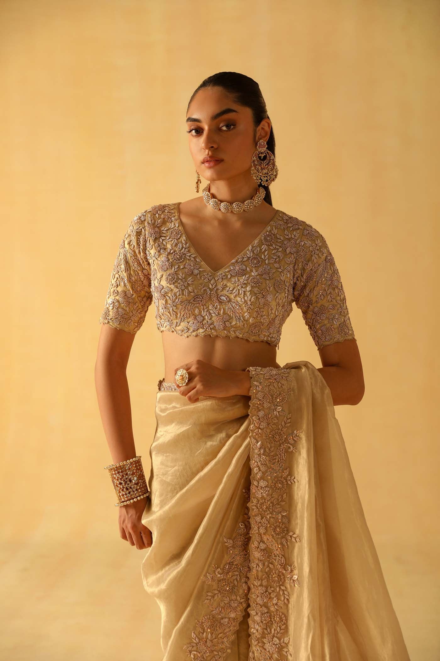 Maheen - Gold Tissue Saree Set - Image 4