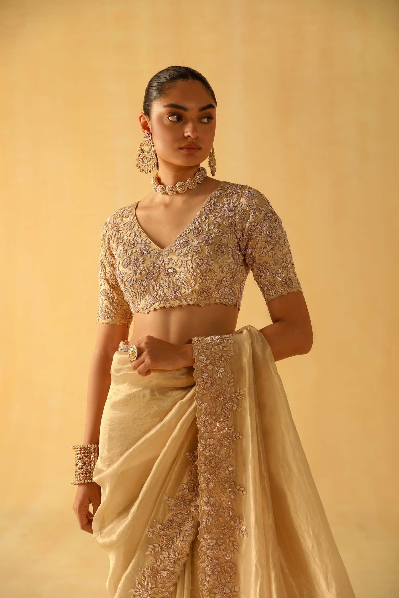 Maheen - Gold Tissue Saree Set - Image 5