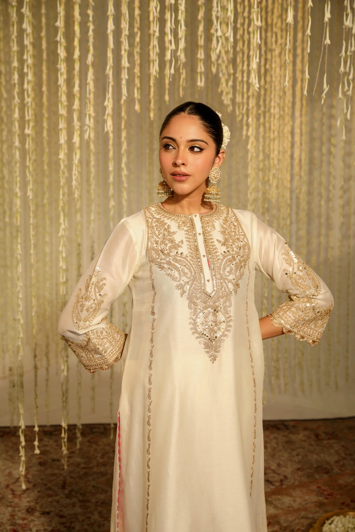 Tarini Bhatia In MAHIKA - DAISY IVORY LONG KURTA WITH PALAZZO AND DUPATTA - Image 5