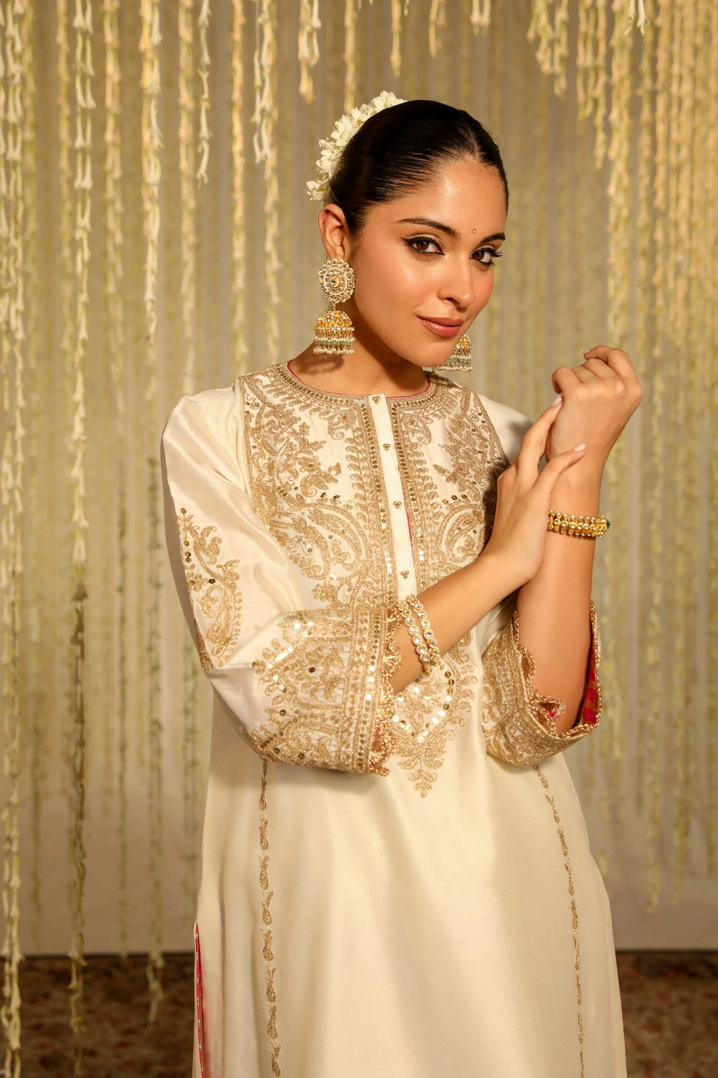 MAHIKA - DAISY IVORY LONG KURTA WITH PALAZZO AND DUPATTA (LXRTS) - Image 3