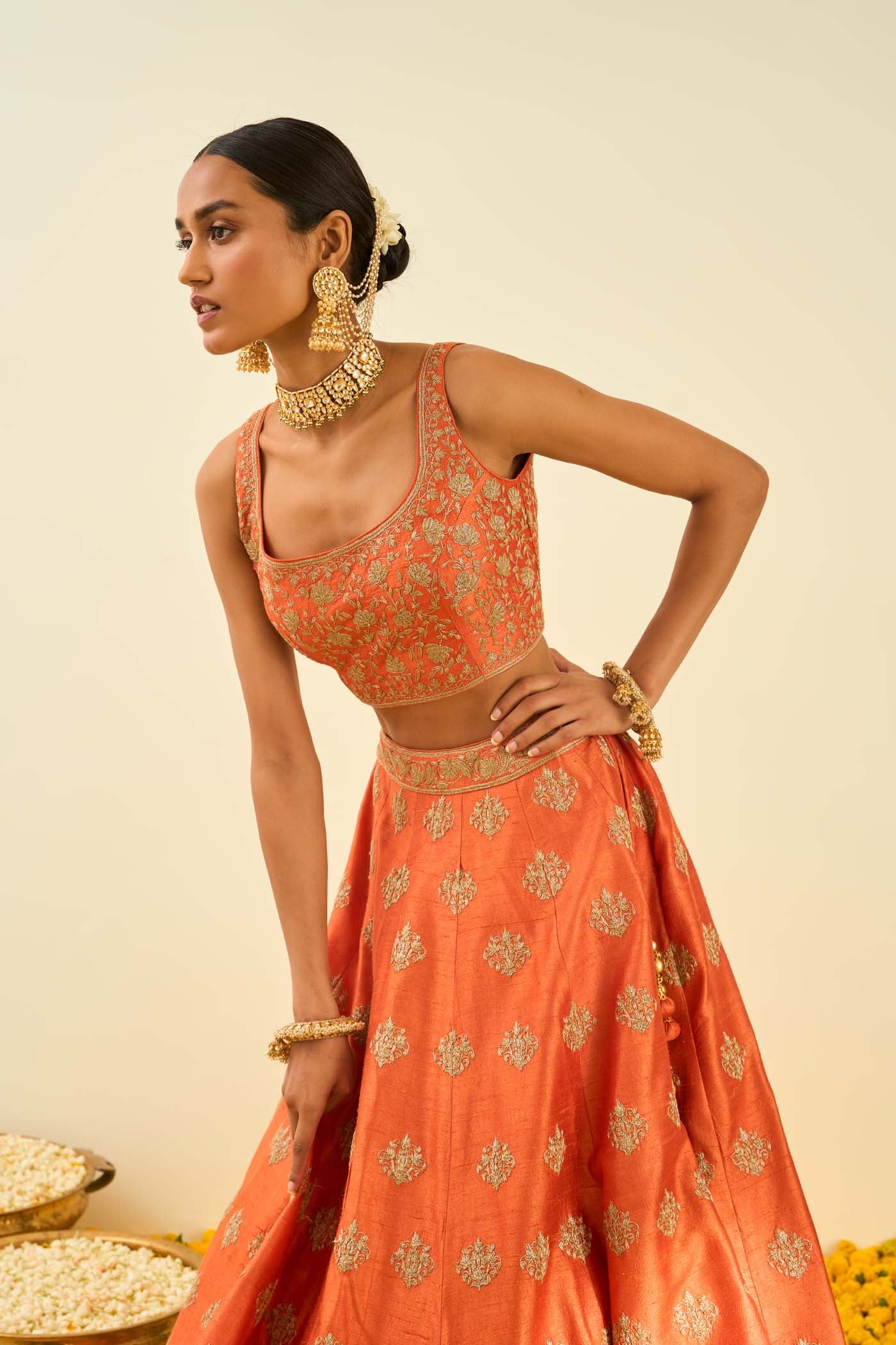 Mahira Burnt Orange Kashmiri tilla lehenga with blouse and dupatta - Image 3