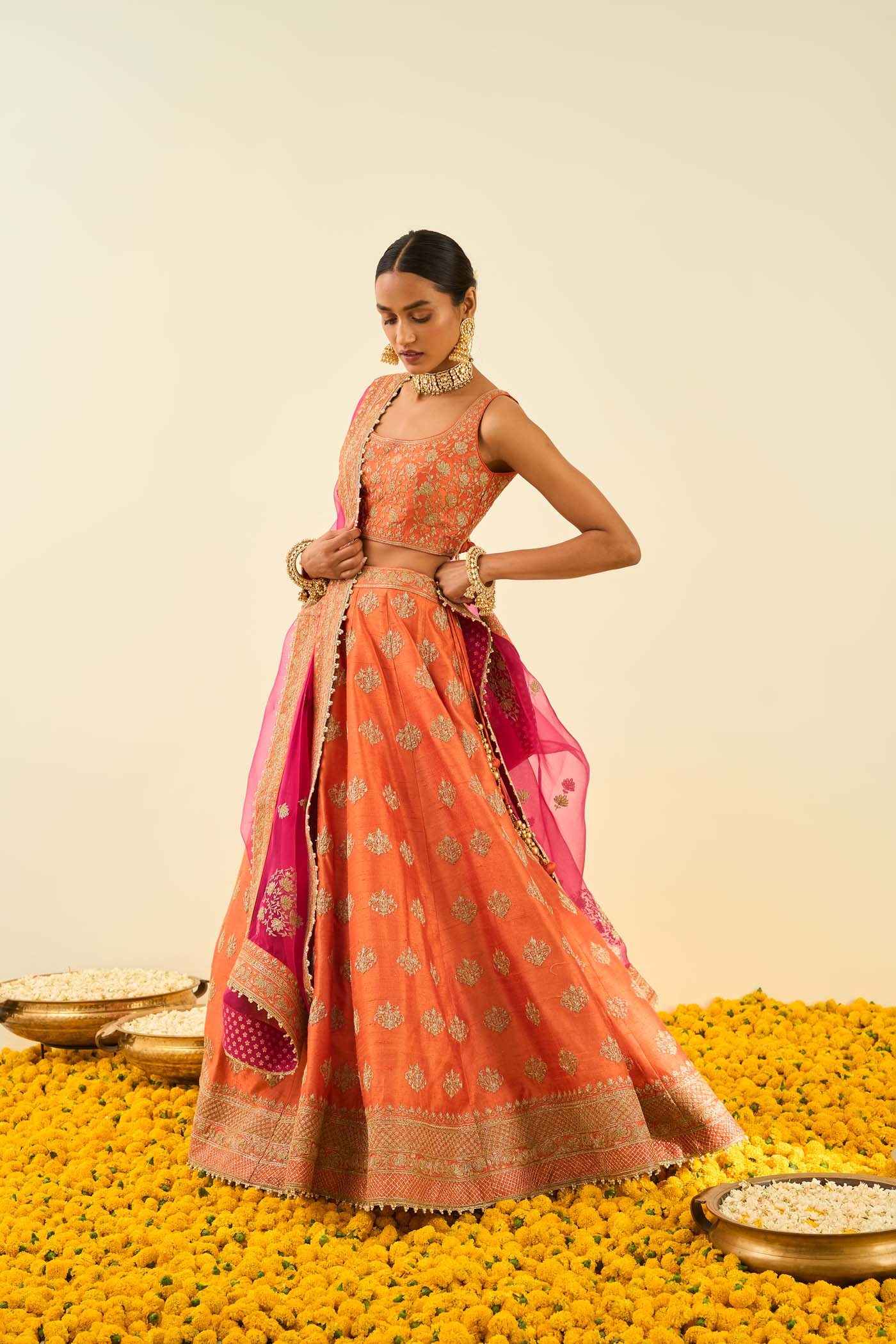 Mahira Burnt Orange Kashmiri tilla lehenga with blouse and dupatta - Image 4