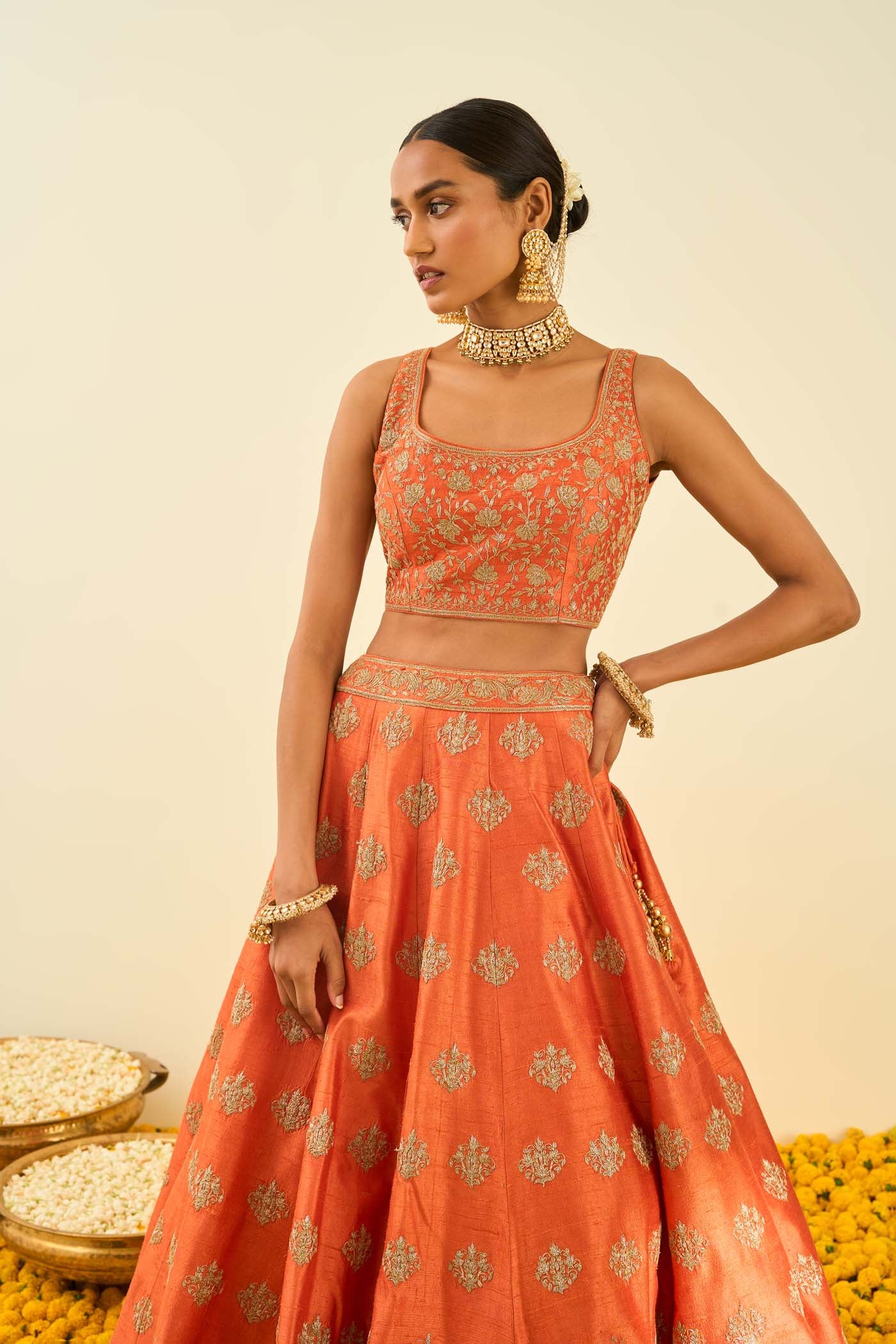 Mahira Burnt Orange Kashmiri tilla lehenga with blouse and dupatta - Image 5