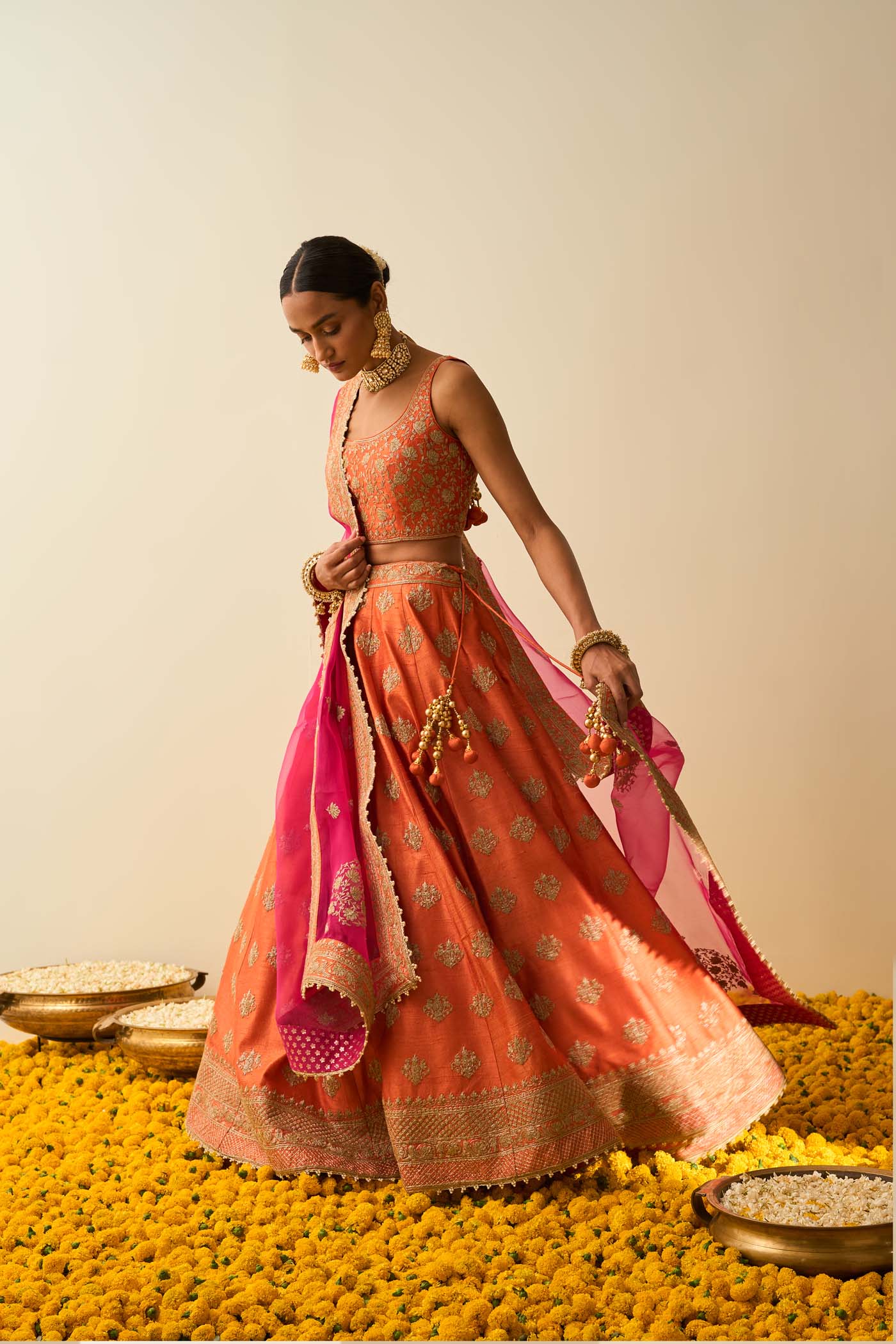Mahira Burnt Orange Kashmiri tilla lehenga with blouse and dupatta - Image 6
