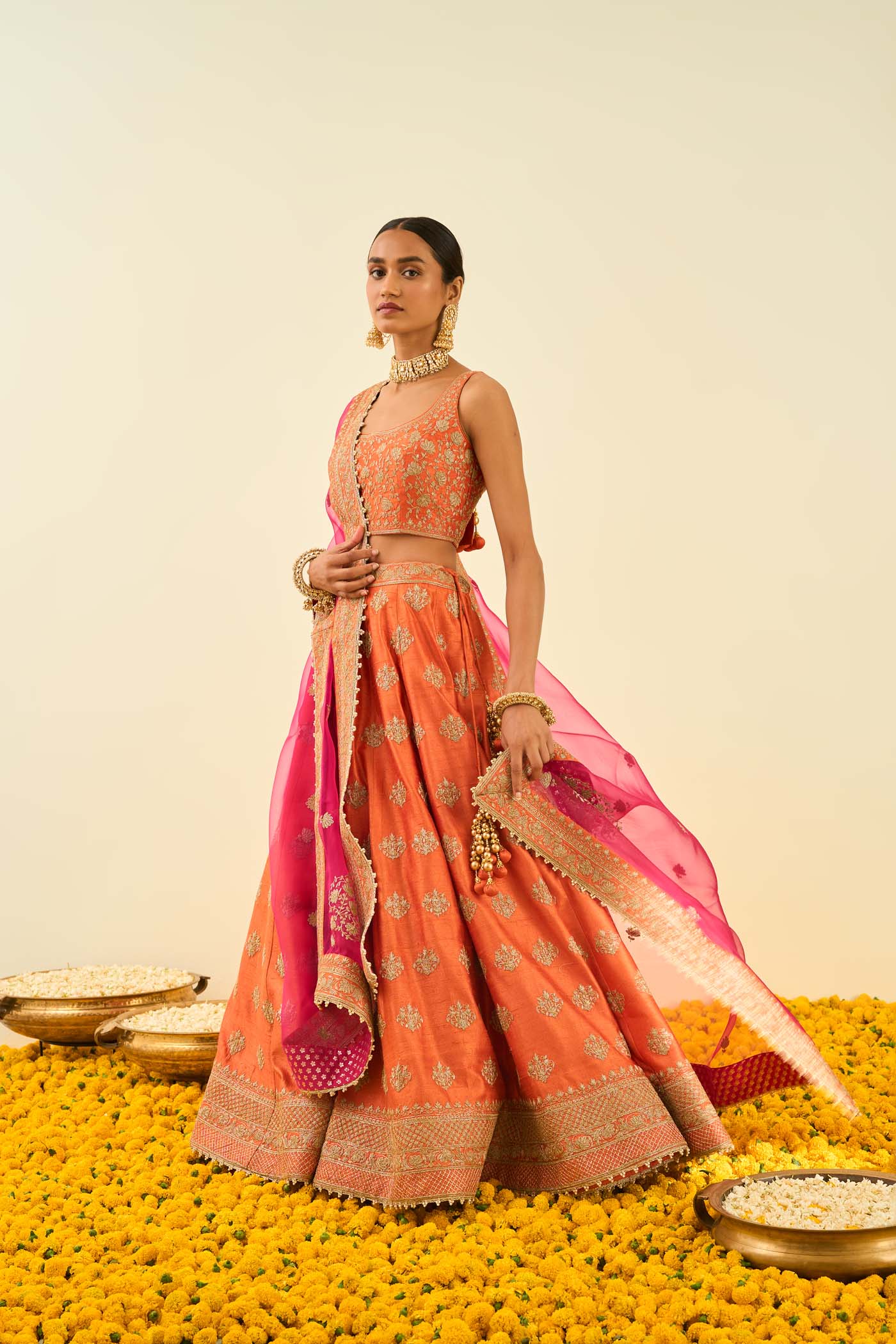Mahira Burnt Orange Kashmiri tilla lehenga with blouse and dupatta - Image 7