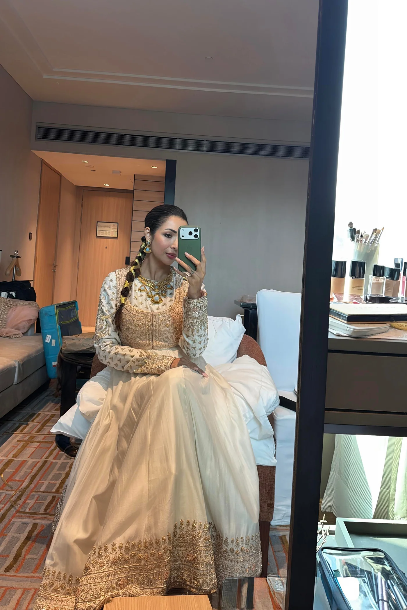 Malaika Arora In Noor - Dabka Zardozi Embroidered Chanderi Silk Daisy Ivory Anarkali Set - Image 2