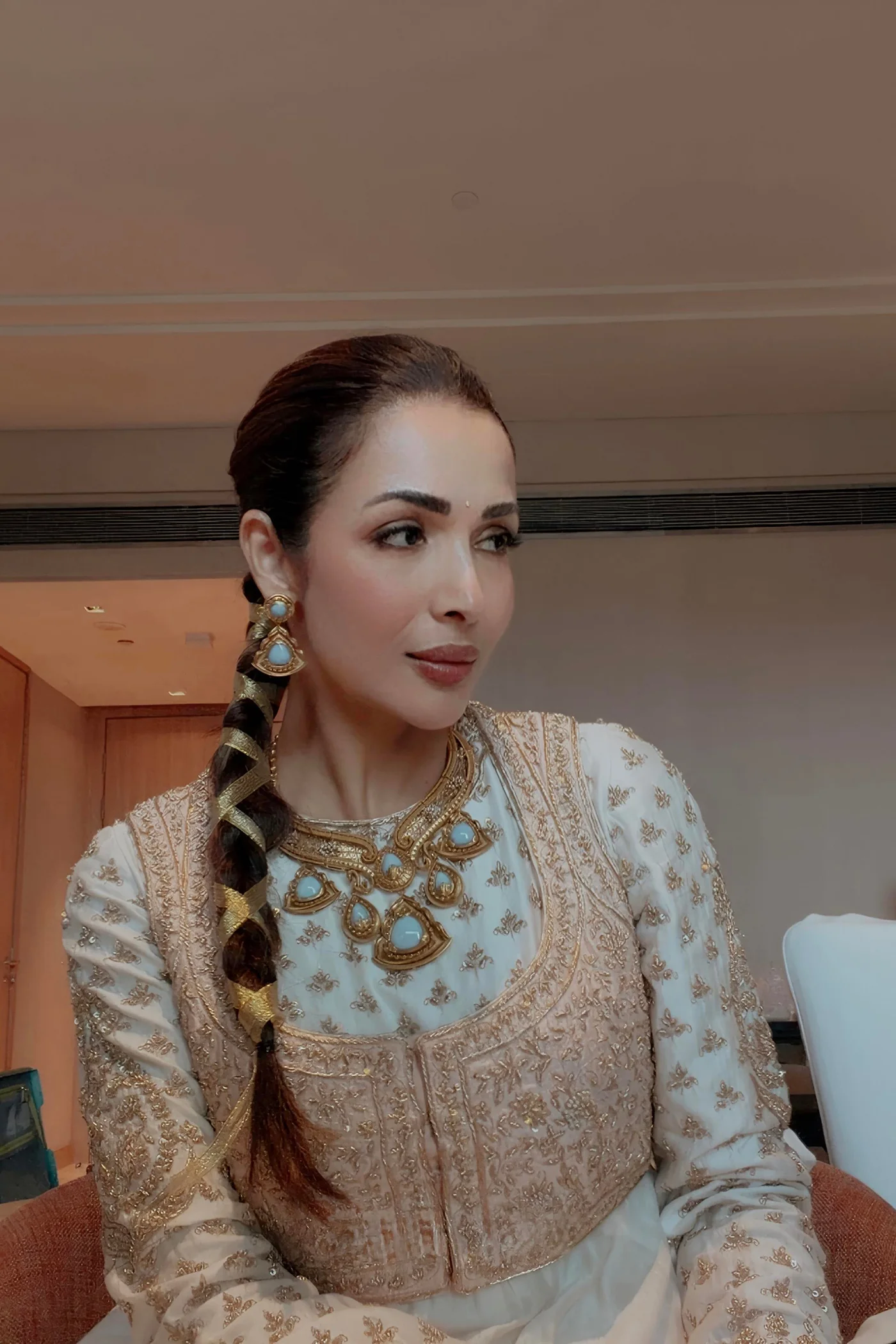 Malaika Arora In Noor - Dabka Zardozi Embroidered Chanderi Silk Daisy Ivory Anarkali Set - Image 3
