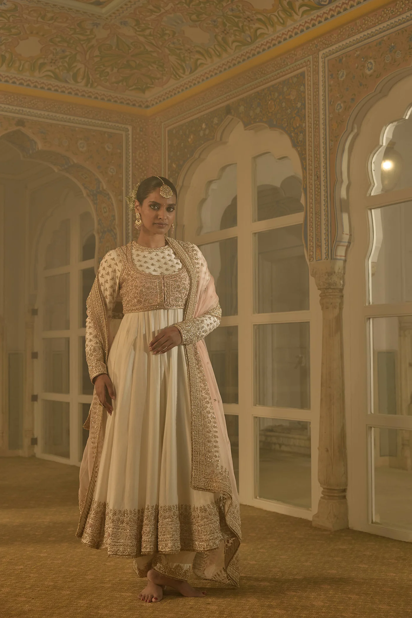 Malaika Arora In Noor - Dabka Zardozi Embroidered Chanderi Silk Daisy Ivory Anarkali Set - Image 4
