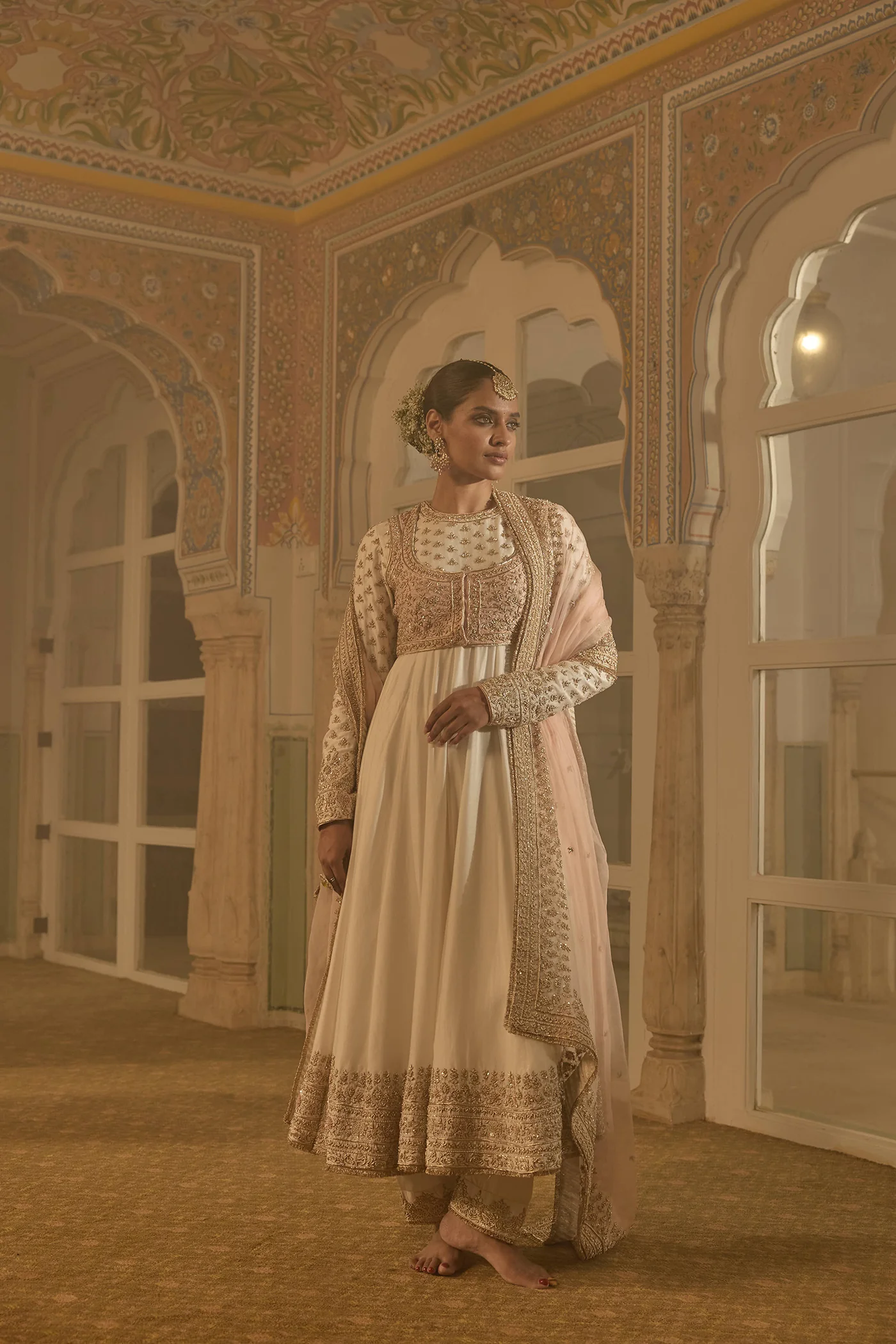 Malaika Arora In Noor - Dabka Zardozi Embroidered Chanderi Silk Daisy Ivory Anarkali Set - Image 5