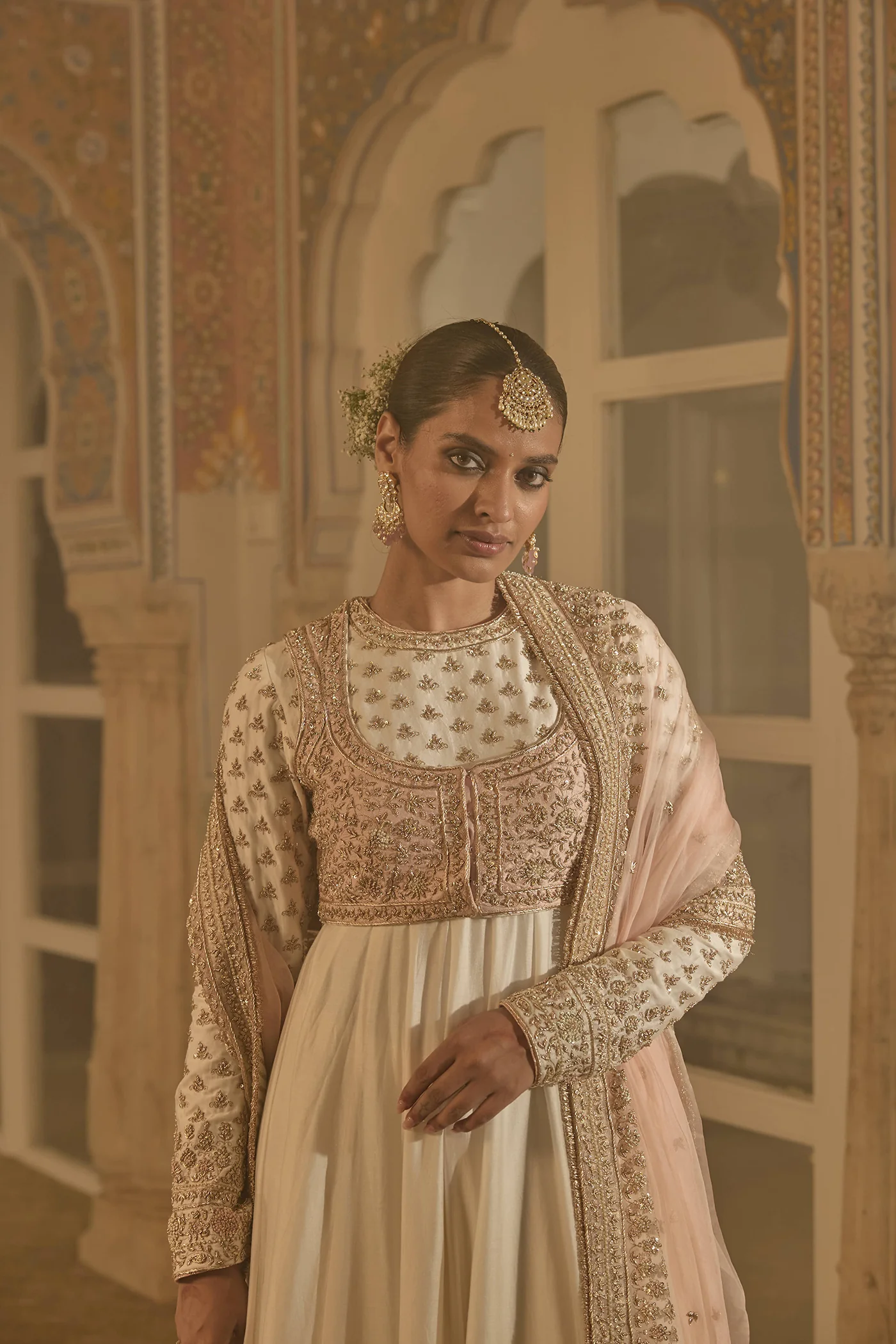 Malaika Arora In Noor - Dabka Zardozi Embroidered Chanderi Silk Daisy Ivory Anarkali Set - Image 6