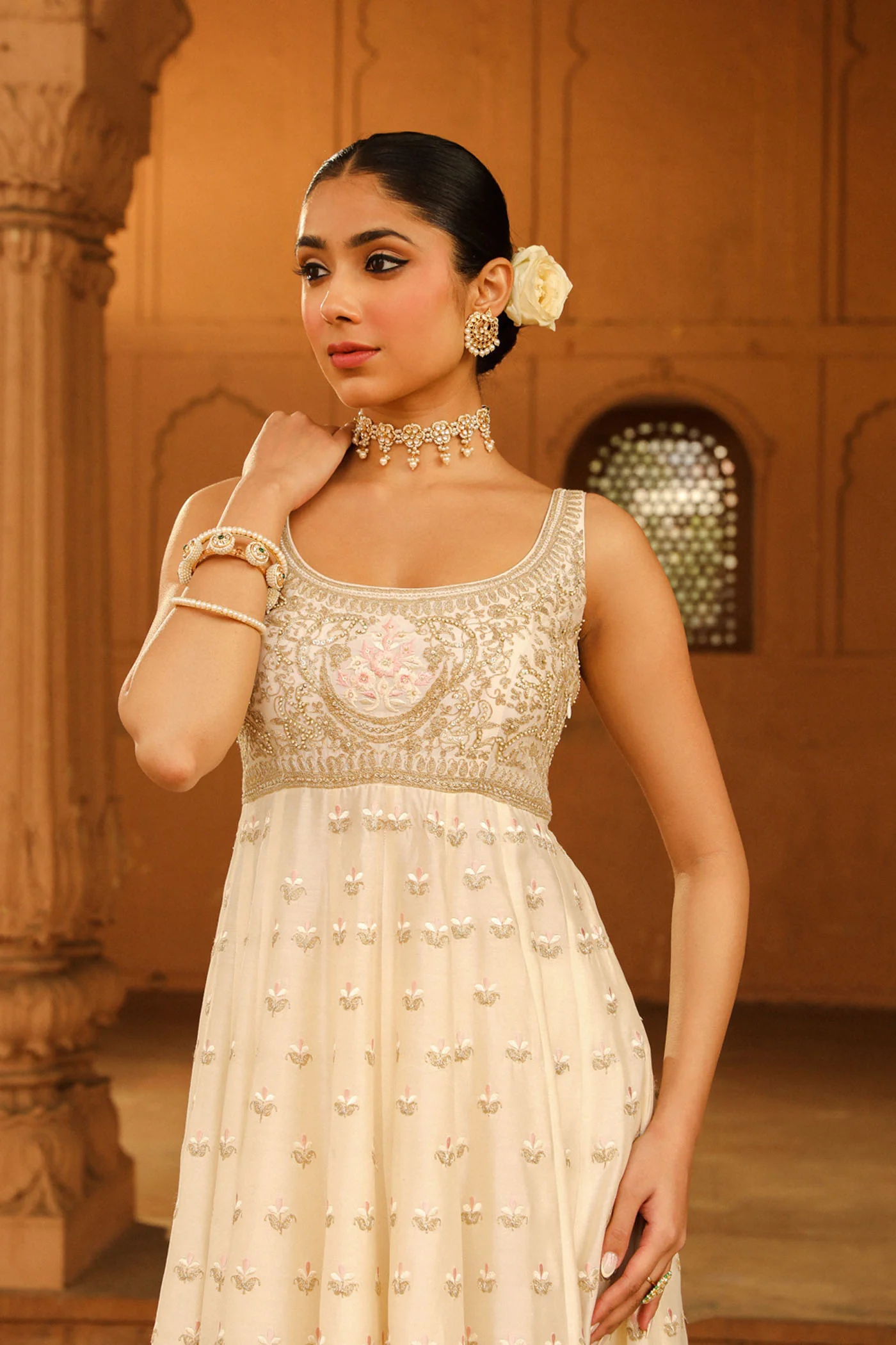 Wafiya - Daisy Ivory Ankle Length Anarkali with Chooridaar and Dupatta - Image 4