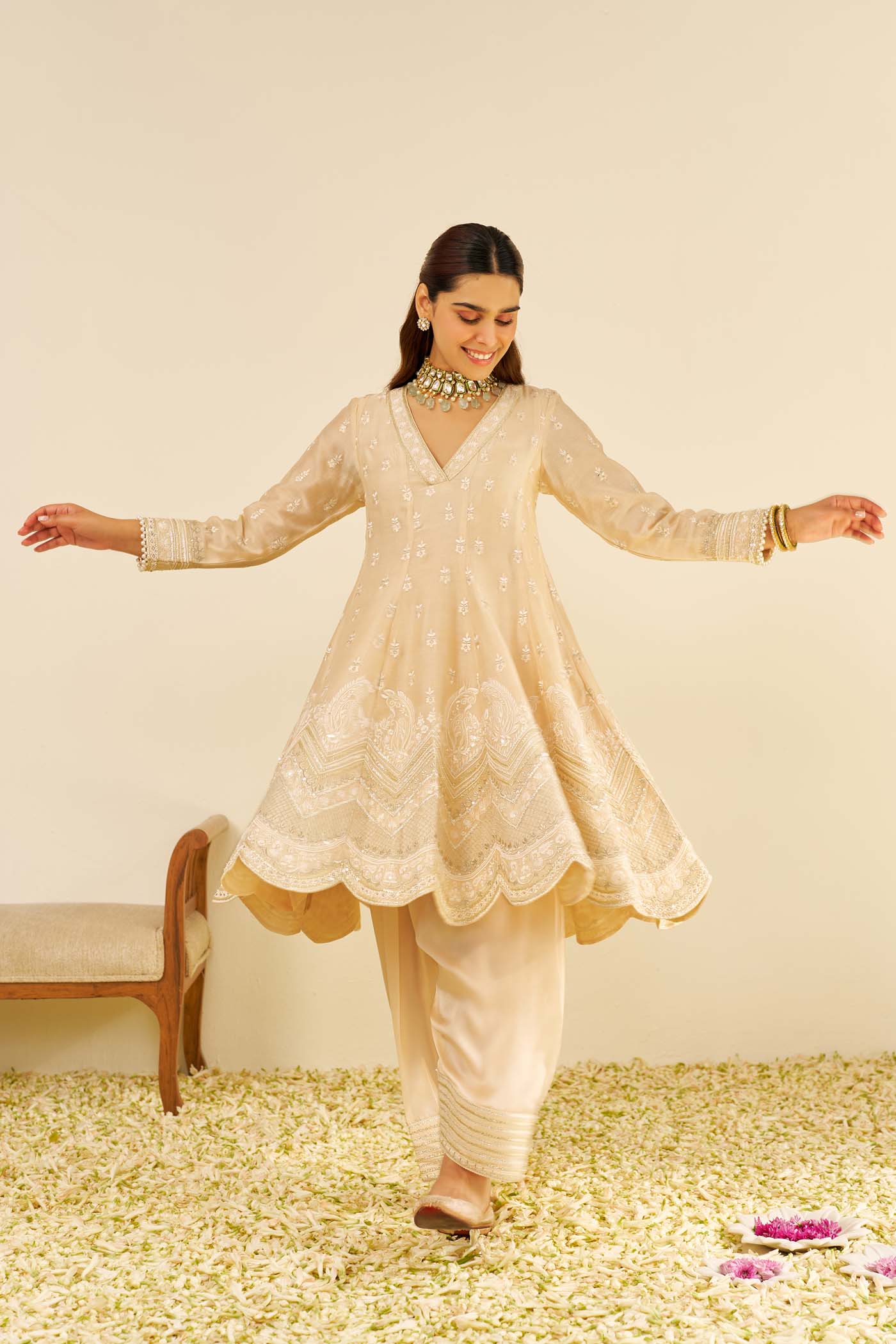 MEERAM - Beige SHORT ANARKALI WITH SALWAR - Image 3