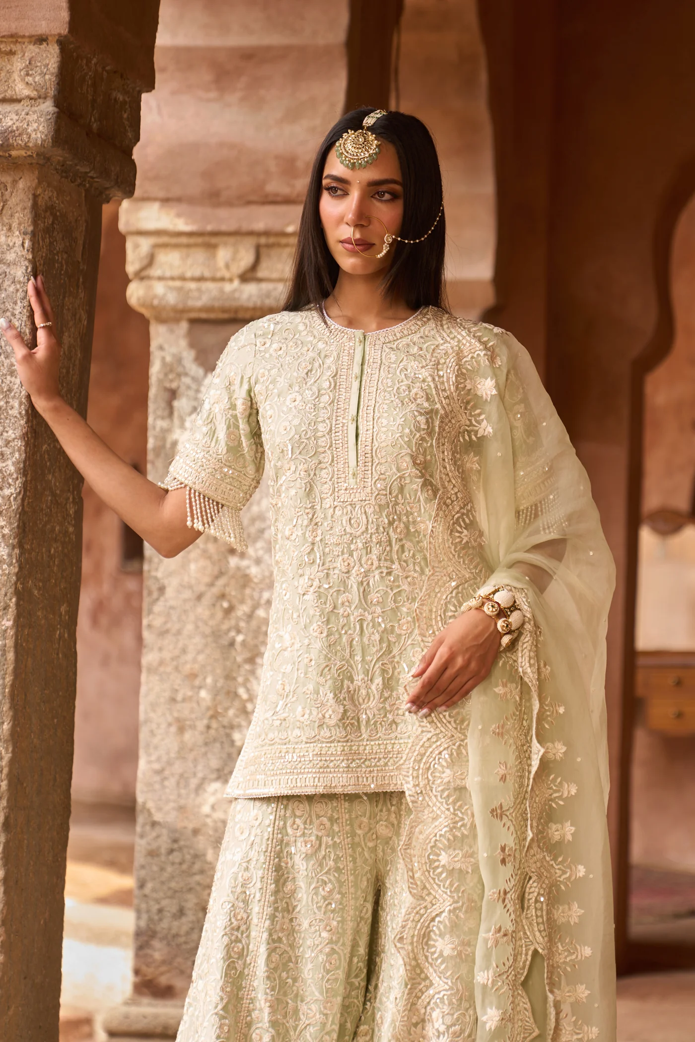 HEER - MINT GREEN SHORT KURTA WITH SHARARA AND DUPATTA - Image 2