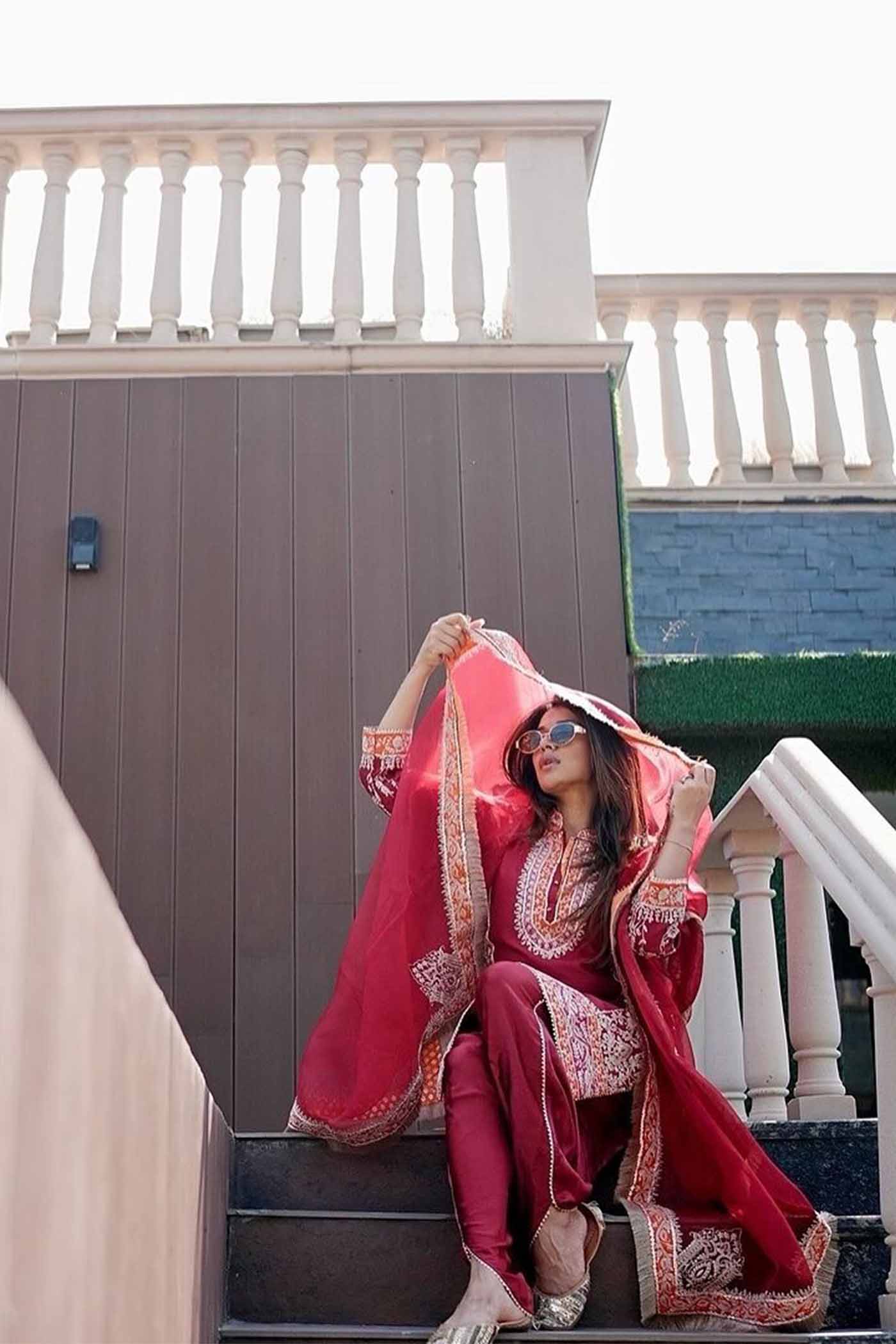 MEHNOOR - DEEP RED KURTA WITH DHOTI (LXRTS) - Image 3
