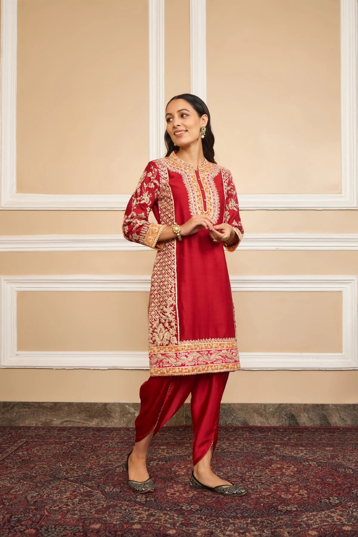 MEHNOOR - DEEP RED KURTA WITH DHOTI (LXRTS) - Image 7