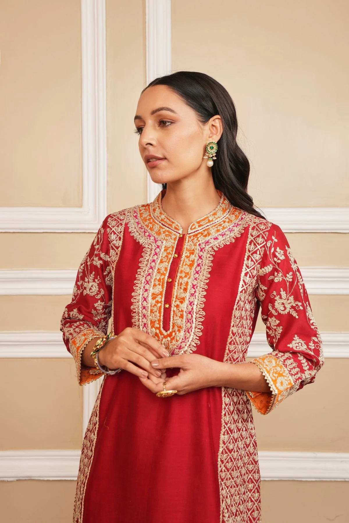 MEHNOOR - DEEP RED KURTA WITH DHOTI (LXRTS) - Image 8