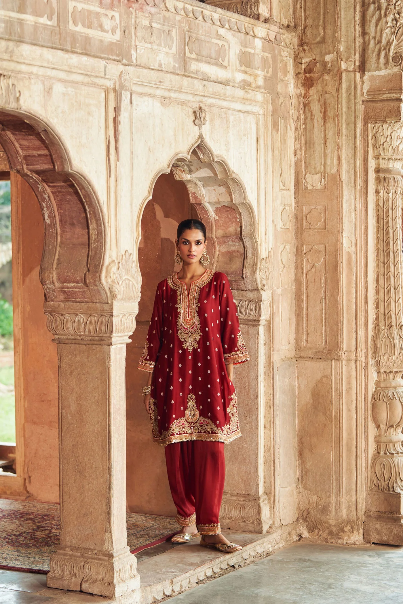 MEHWISH - DEEP RED SHORT KURTA WITH SALWAR AND DUPATTA (Lxrts) - Image 2