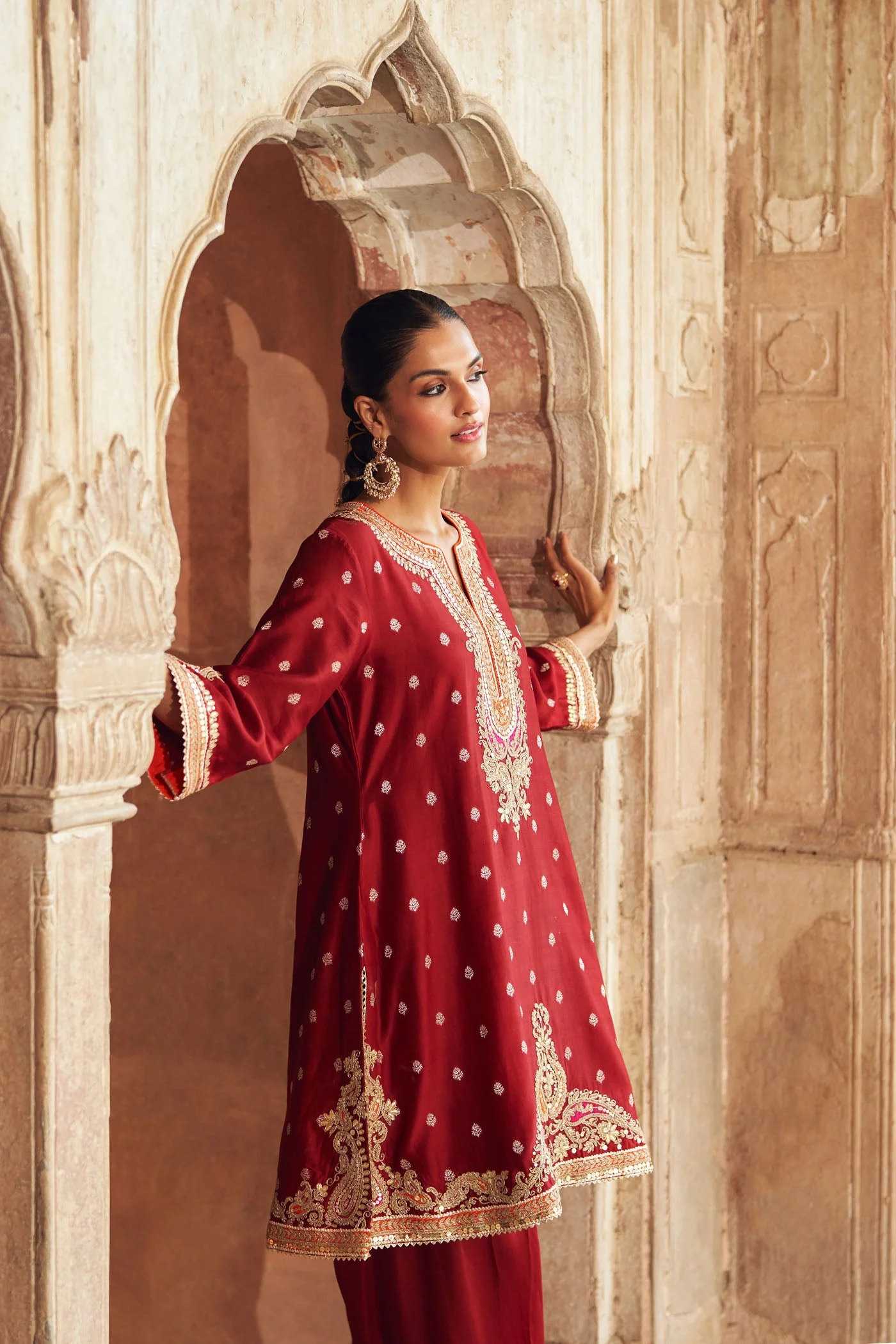 MEHWISH - DEEP RED SHORT KURTA WITH SALWAR AND DUPATTA (Lxrts) - Image 3