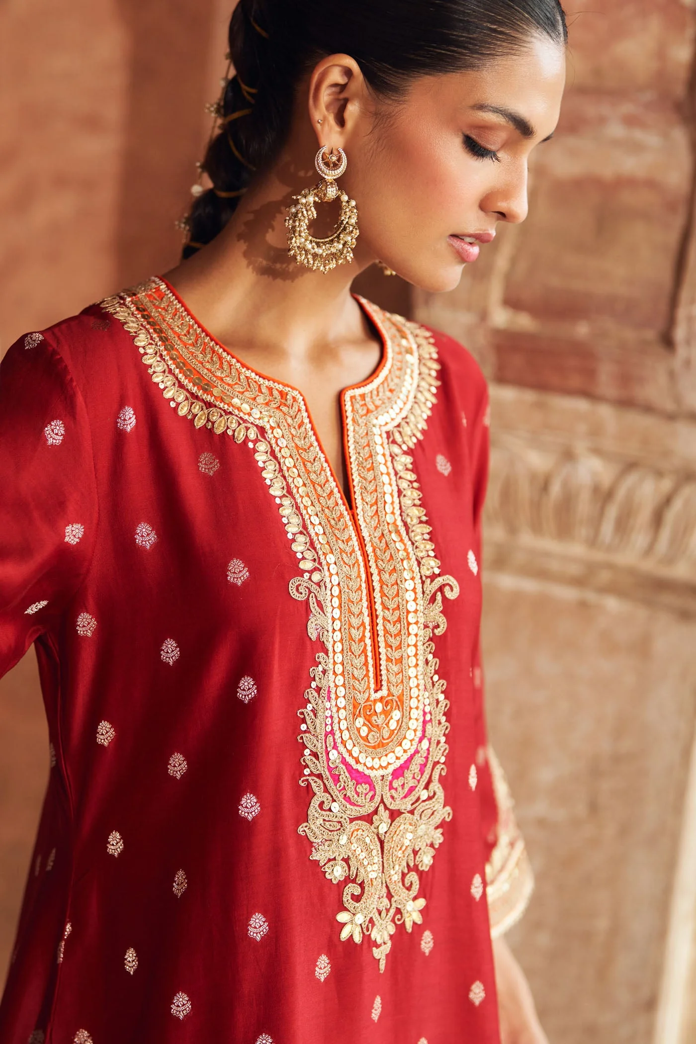 MEHWISH - DEEP RED SHORT KURTA WITH SALWAR AND DUPATTA (Lxrts) - Image 4