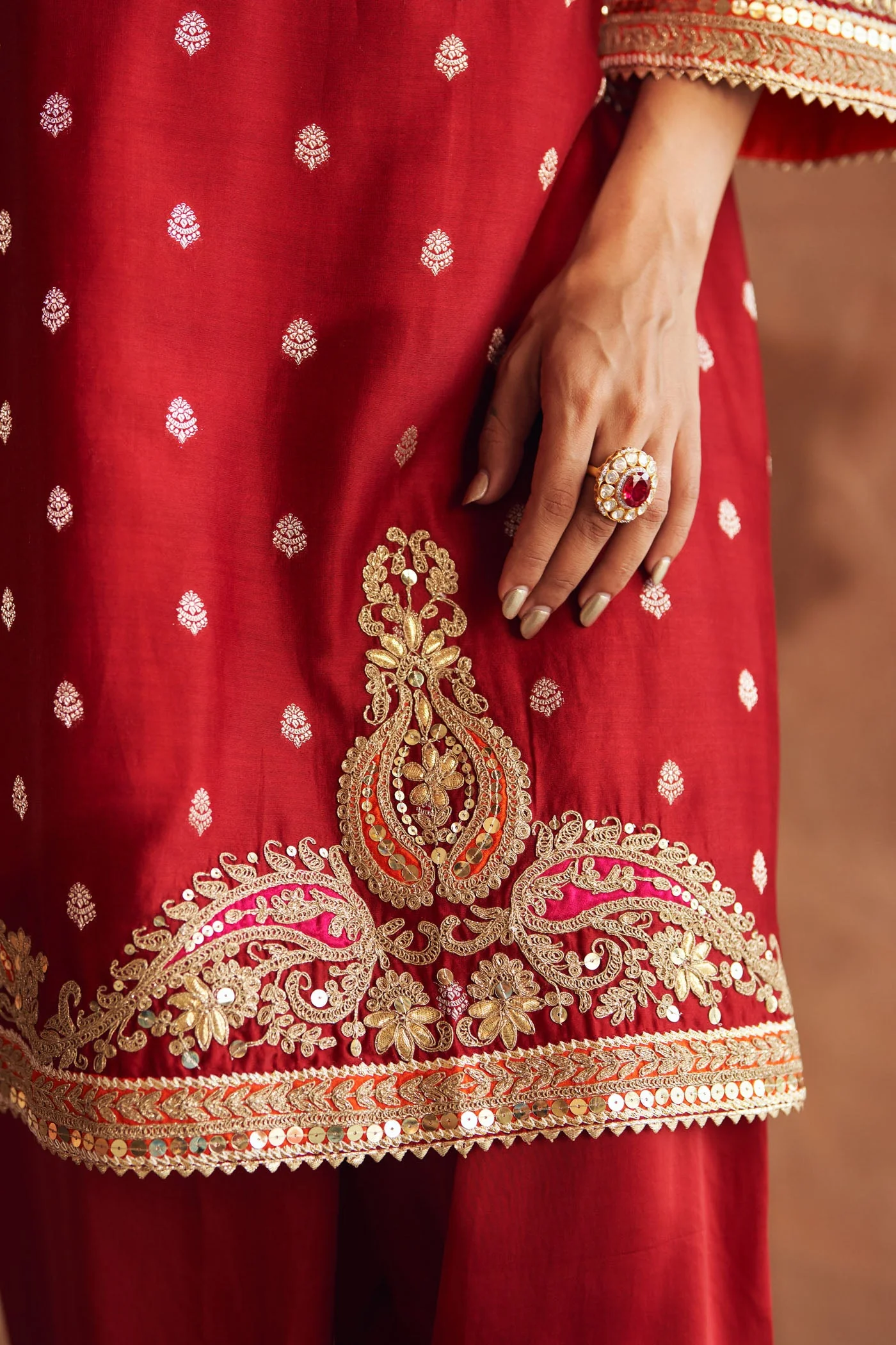 MEHWISH - DEEP RED SHORT KURTA WITH SALWAR AND DUPATTA (Lxrts) - Image 5