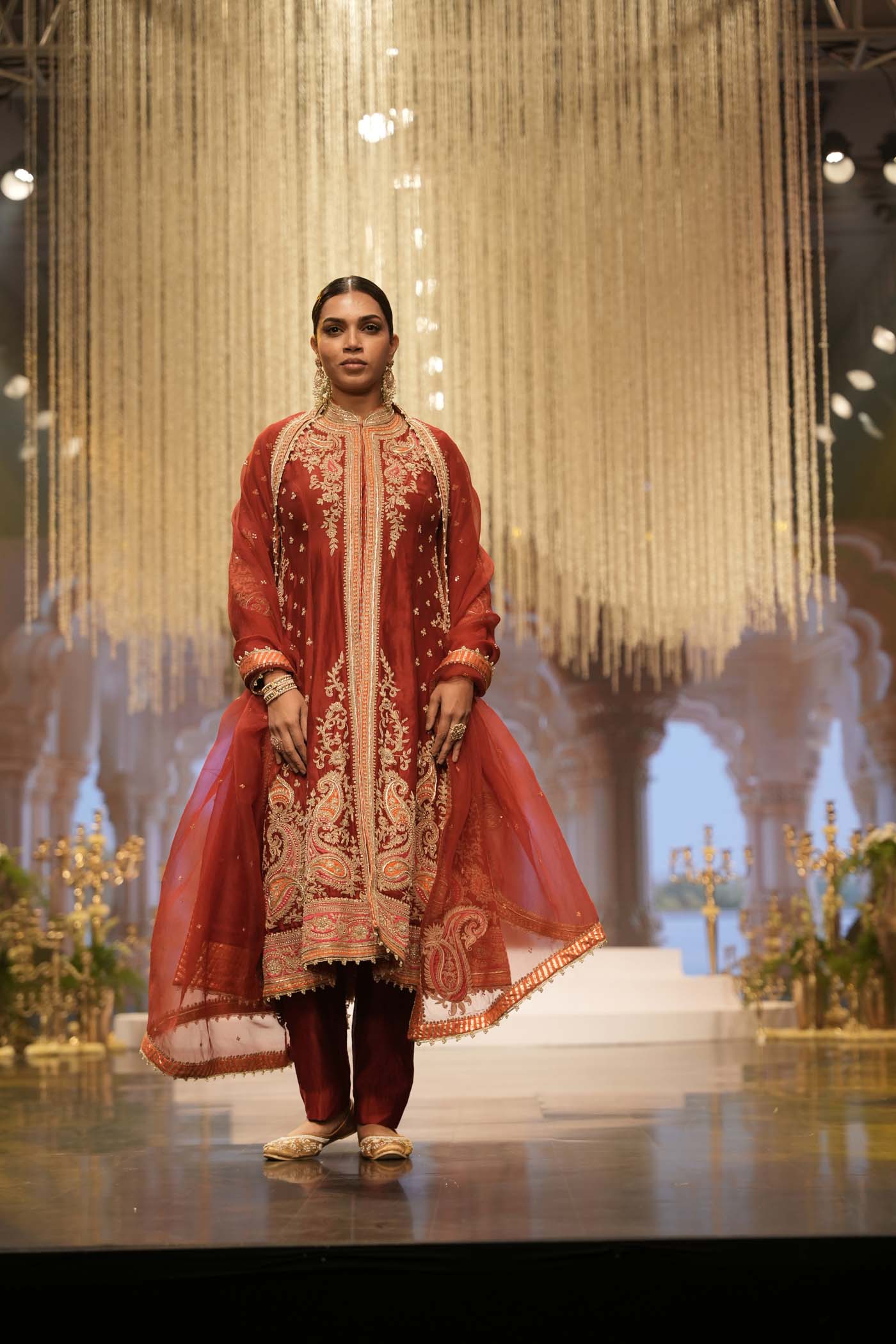 Minara - Deep Red Long A-line Jacket with Pant - Image 2
