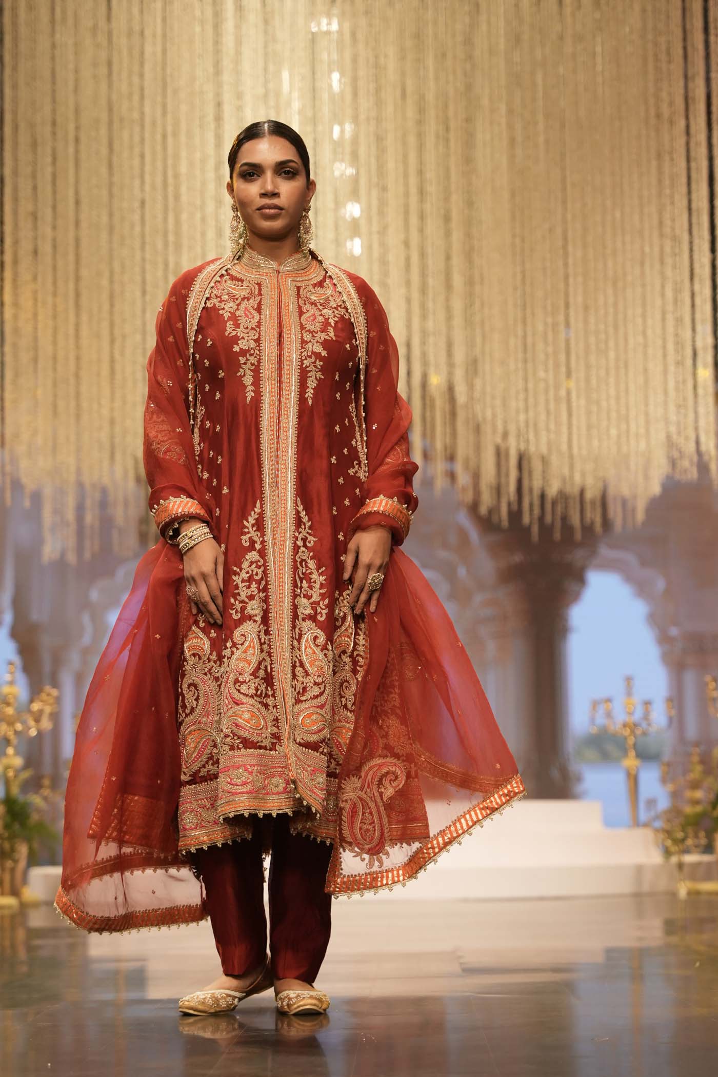 Minara - Deep Red Long A-line Jacket with Pant - Image 3