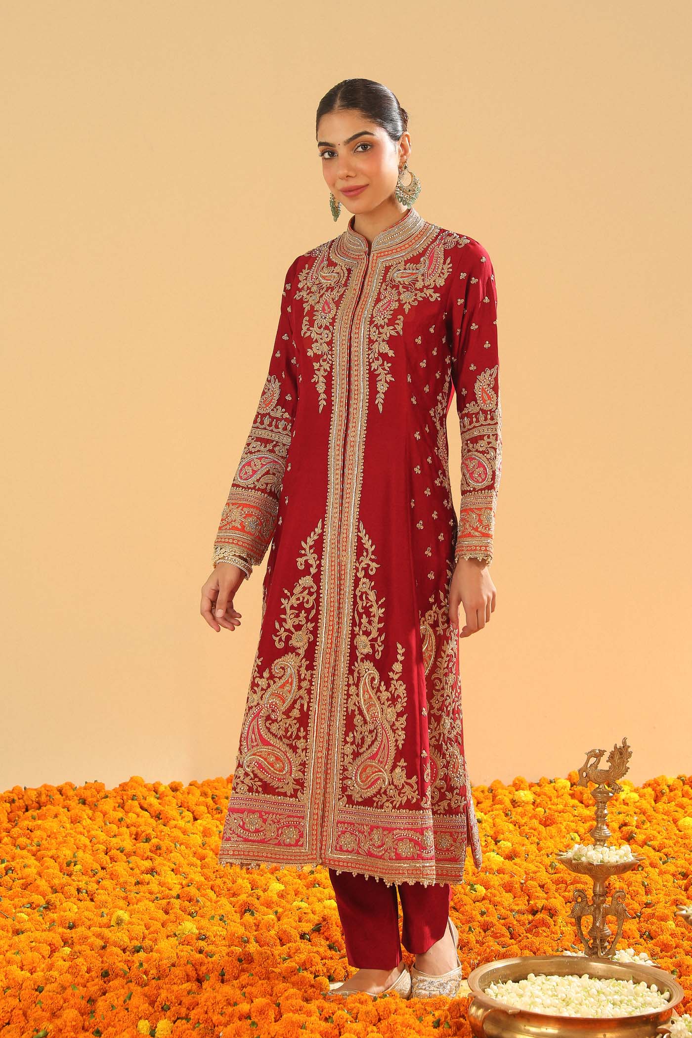 Minara - Deep Red Long A-line Jacket with Pant - Image 4