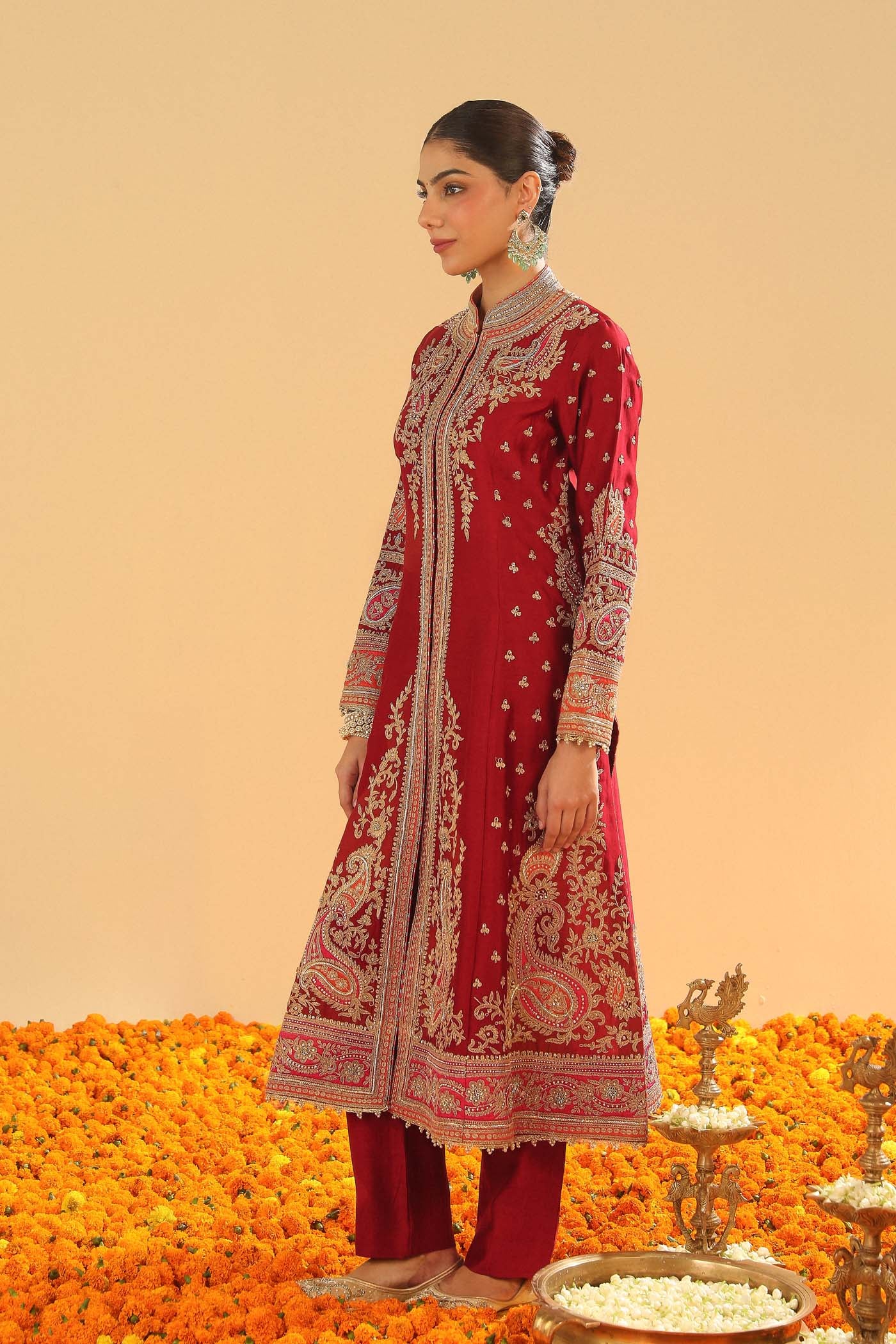 Minara - Deep Red Long A-line Jacket with Pant - Image 5