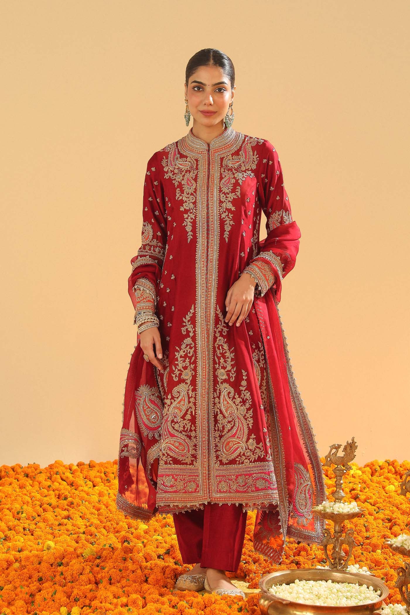 Minara - Deep Red Long A-line Jacket with Pant - Image 6