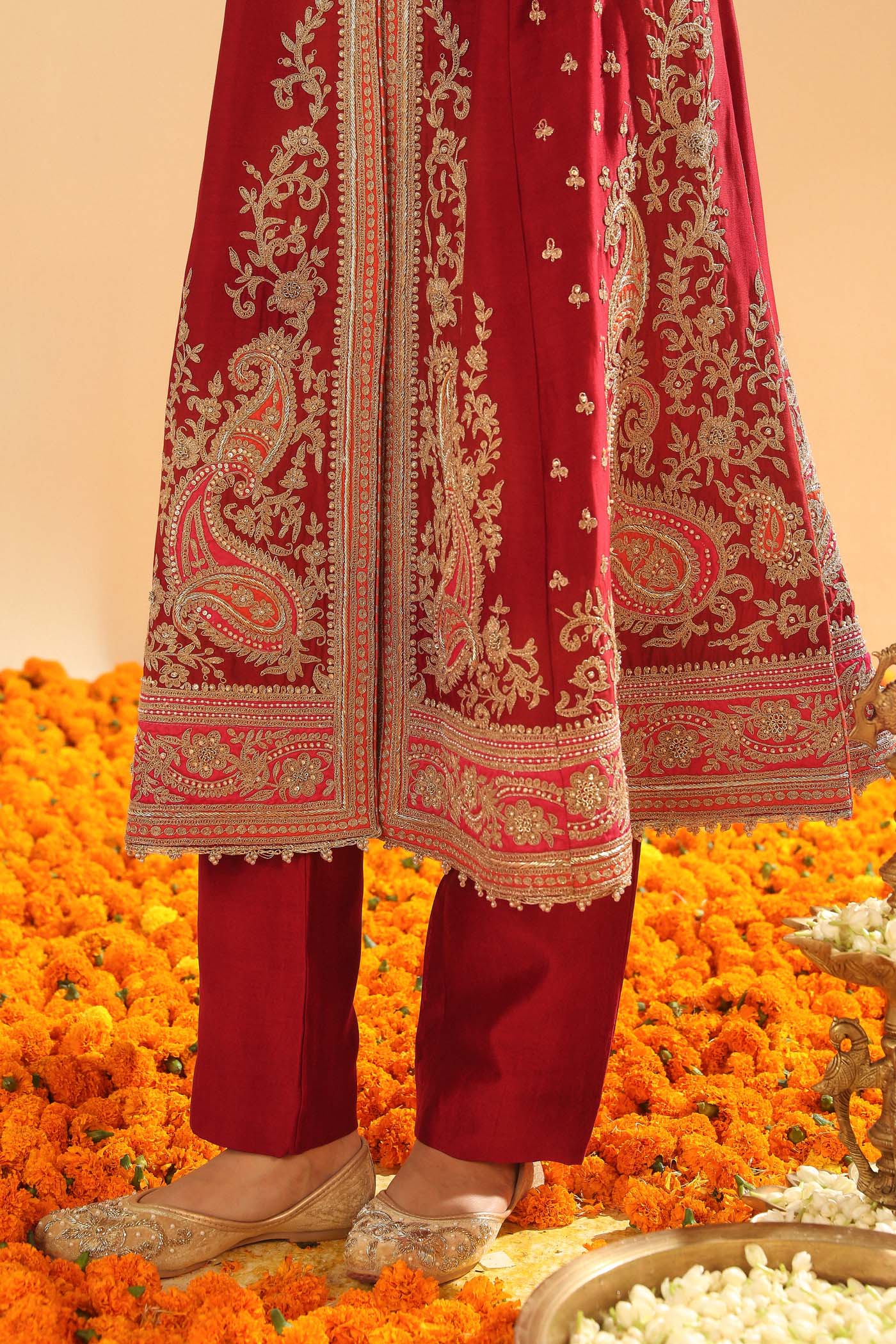 Minara - Deep Red Long A-line Jacket with Pant - Image 7