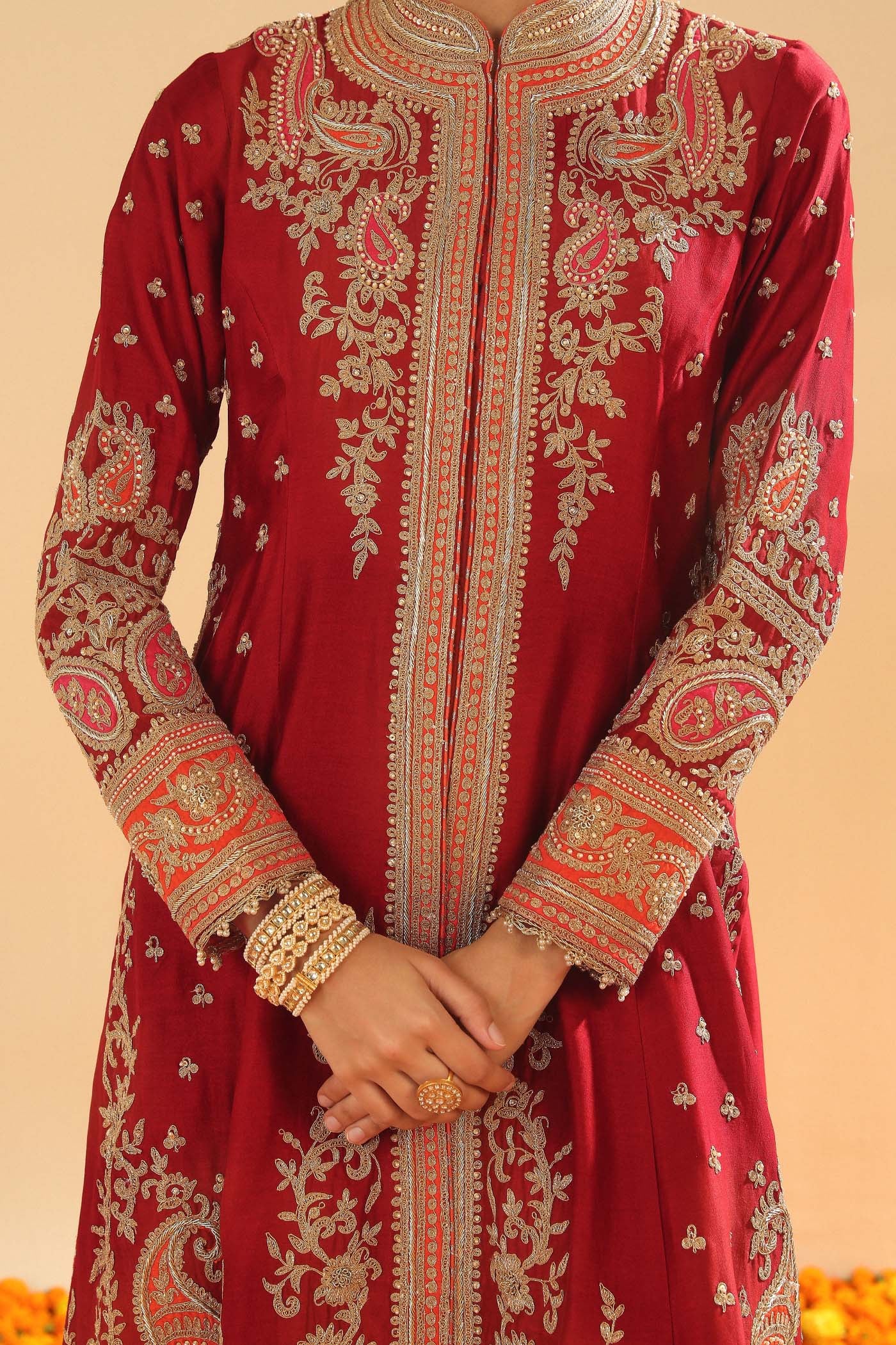 Minara - Deep Red Long A-line Jacket with Pant - Image 8