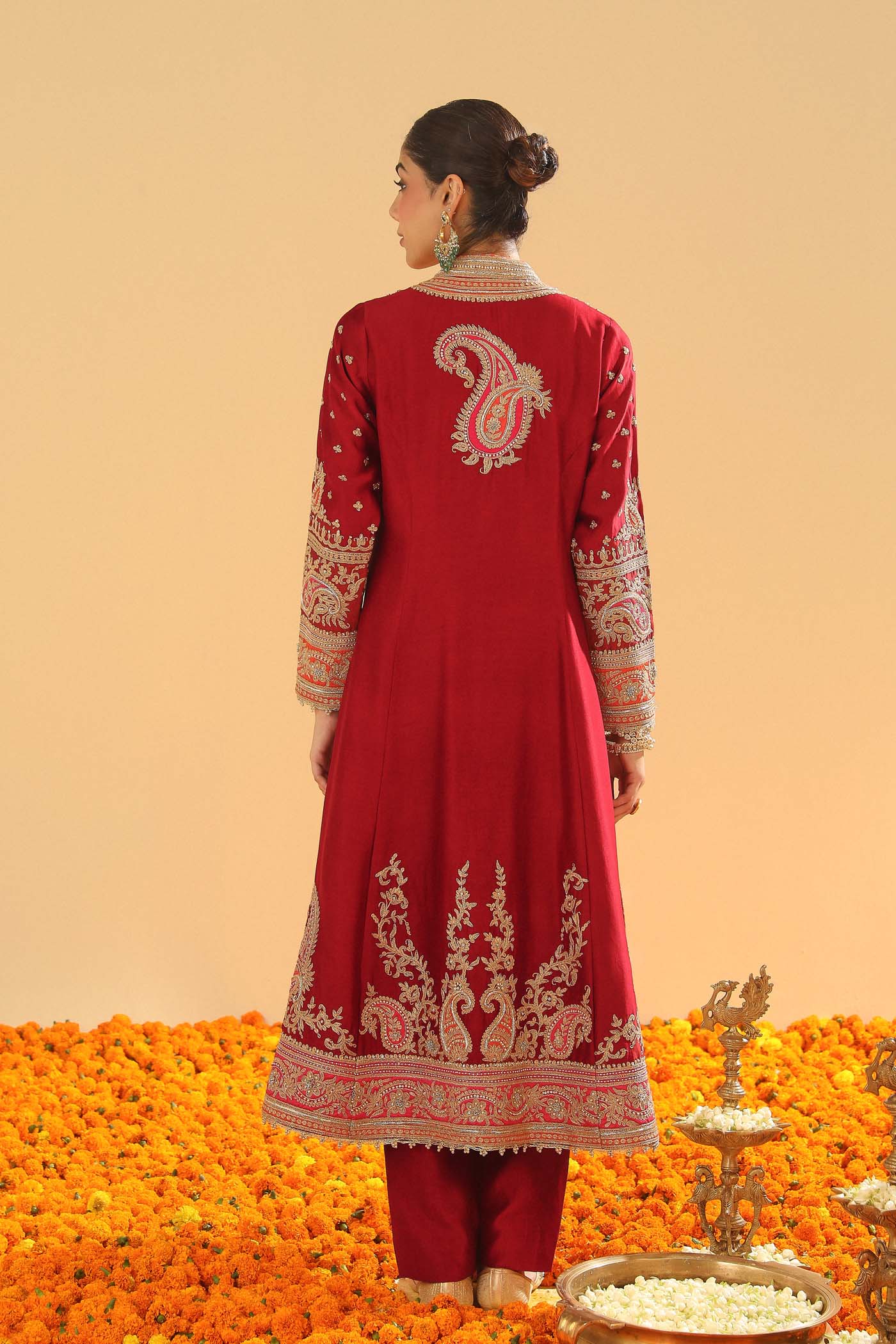 Minara - Deep Red Long A-line Jacket with Pant - Image 9