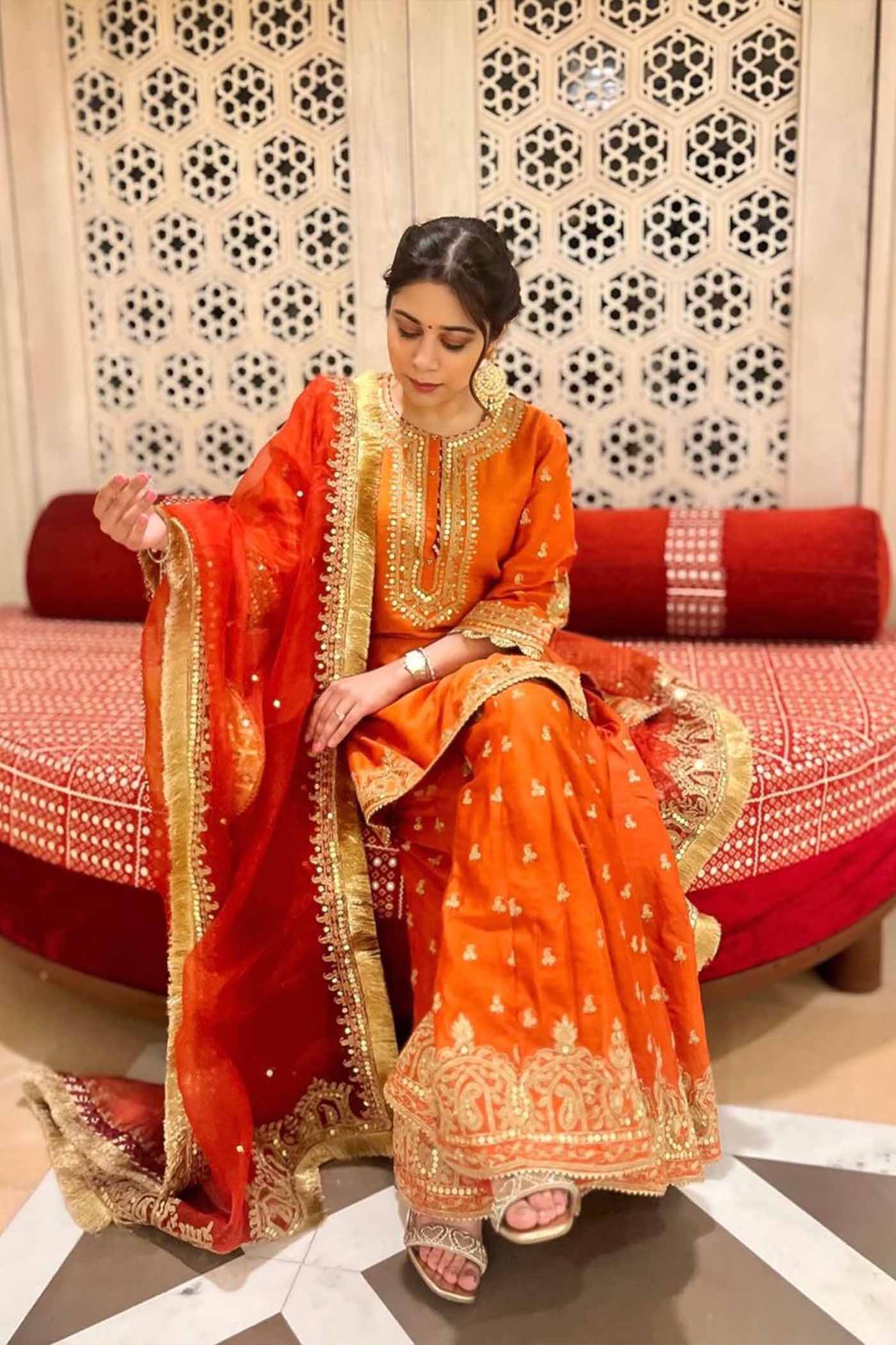 Tarini Bhatia In MISHIKA - BURNT ORANGE KURTA WITH SHARARA AND DUPATTA - Image 6
